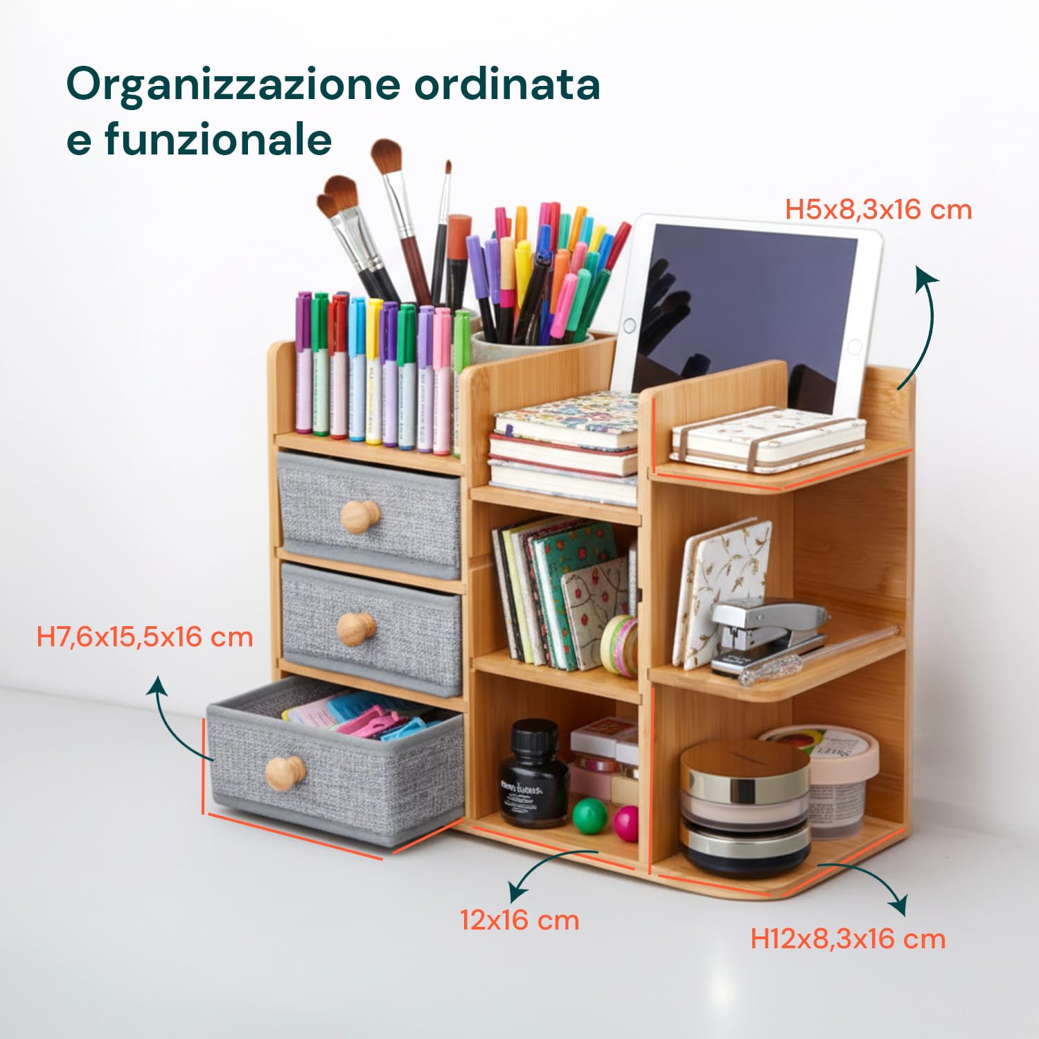 Avilia - Organizer Scrivania in Bambù Salvaspazio con Cassetti e Ripiani Regolabili Impermeabili, Organizzatore Scrivania Multiuso per Ufficio e Bagno, con Struttura Compatta e Design Moderno