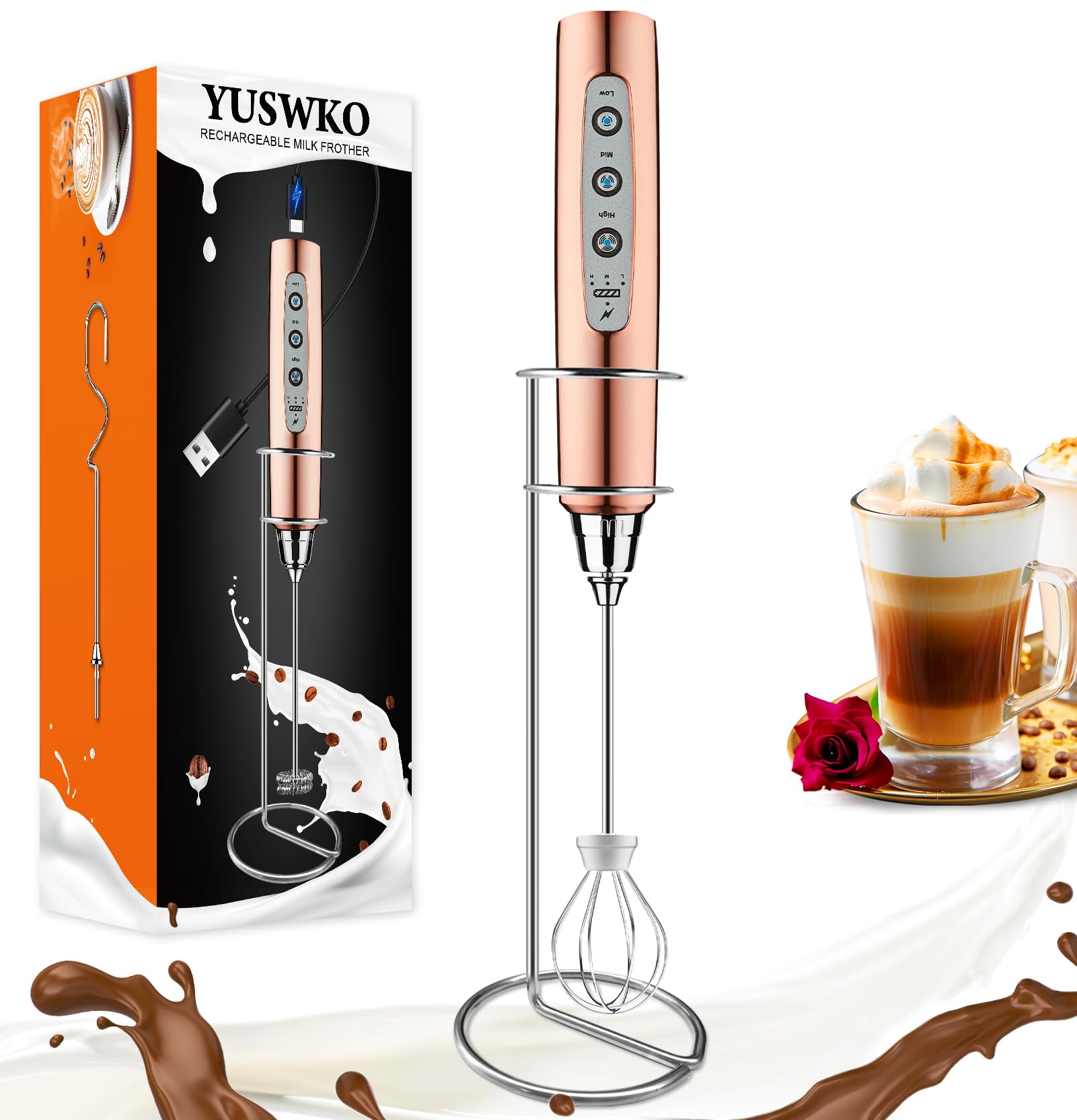 YUSWKO Rose Gold Handheld Milk Frother Wand with Stand for Coffee, Rechargeable Electric Whisk with 3 Heads 3 Speeds Drink Mixer Coffee Frother For