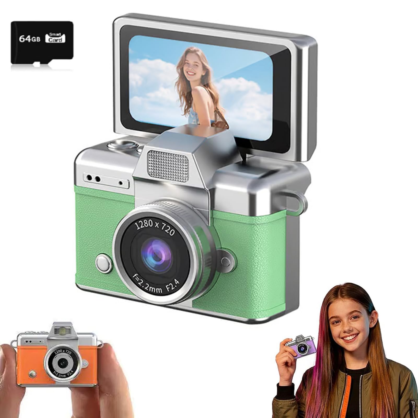 Mini Digital Camera with 1.47 in LCD Screen, 1080P Flip Screen Mini Camera with Built-in Flash & Flip Display, Portable Keychain Camera for Travel & Daily Use, with a 64GB Memory Card (Green)