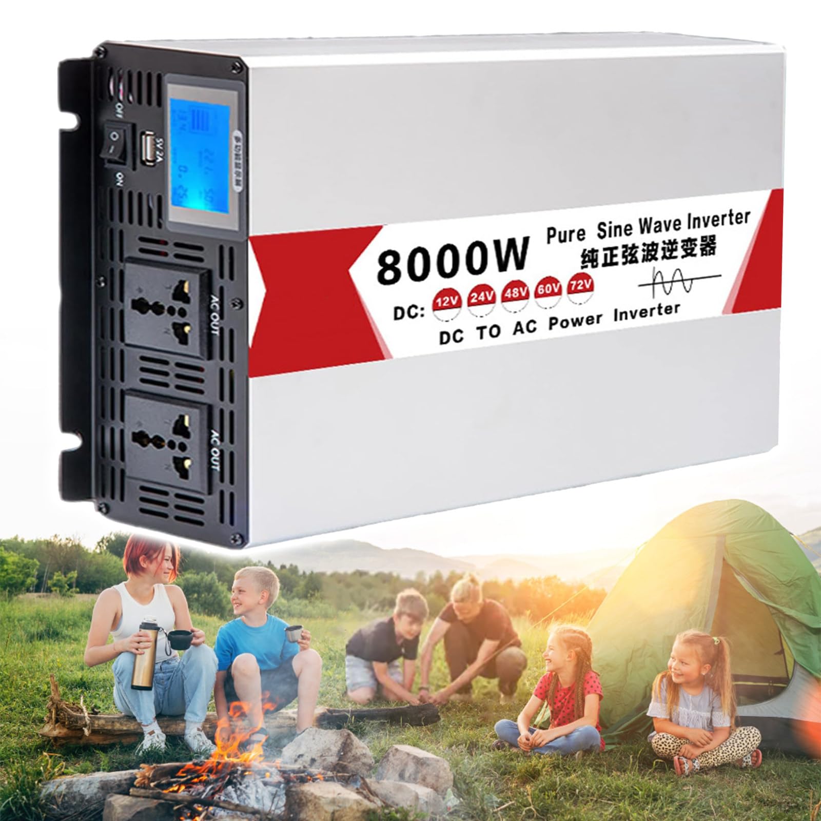 Przetwornica napięcia kempingowego o mocy 8000 W z wyświetlaczem LCD i podwójnymi gniazdami, przetwornica napięcia DC 12 V 24 V 48 V 60 V na AC 110 V 220 V dla domu/kampera,48V to 220V