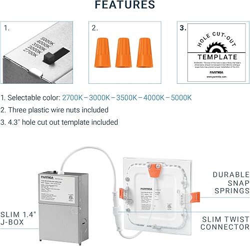 Miniatura 4 de PARMIDA - Paquete de 6 luces LED empotrables cuadradas 5CCT de 4 pulgadas con caja de conexiones, 2700 K3000 K3500 K4000 K5000 K, 5 colores