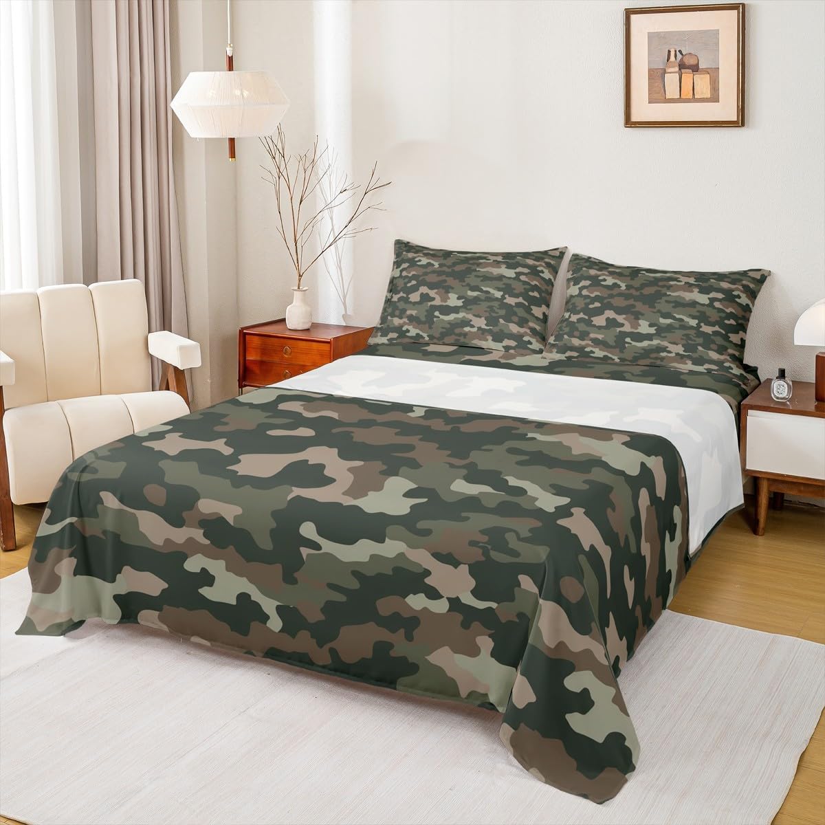 Army Green Camo Print Sheet Twin Size,Camouflage Patchwork Rustic Farmhouse Bedding Set,Kids Girls Boys Adults Room Decor,Abstract Geometric Retro Bed Sheet Set 3pcs(Fitted + Flat + 1 Pillowcase)