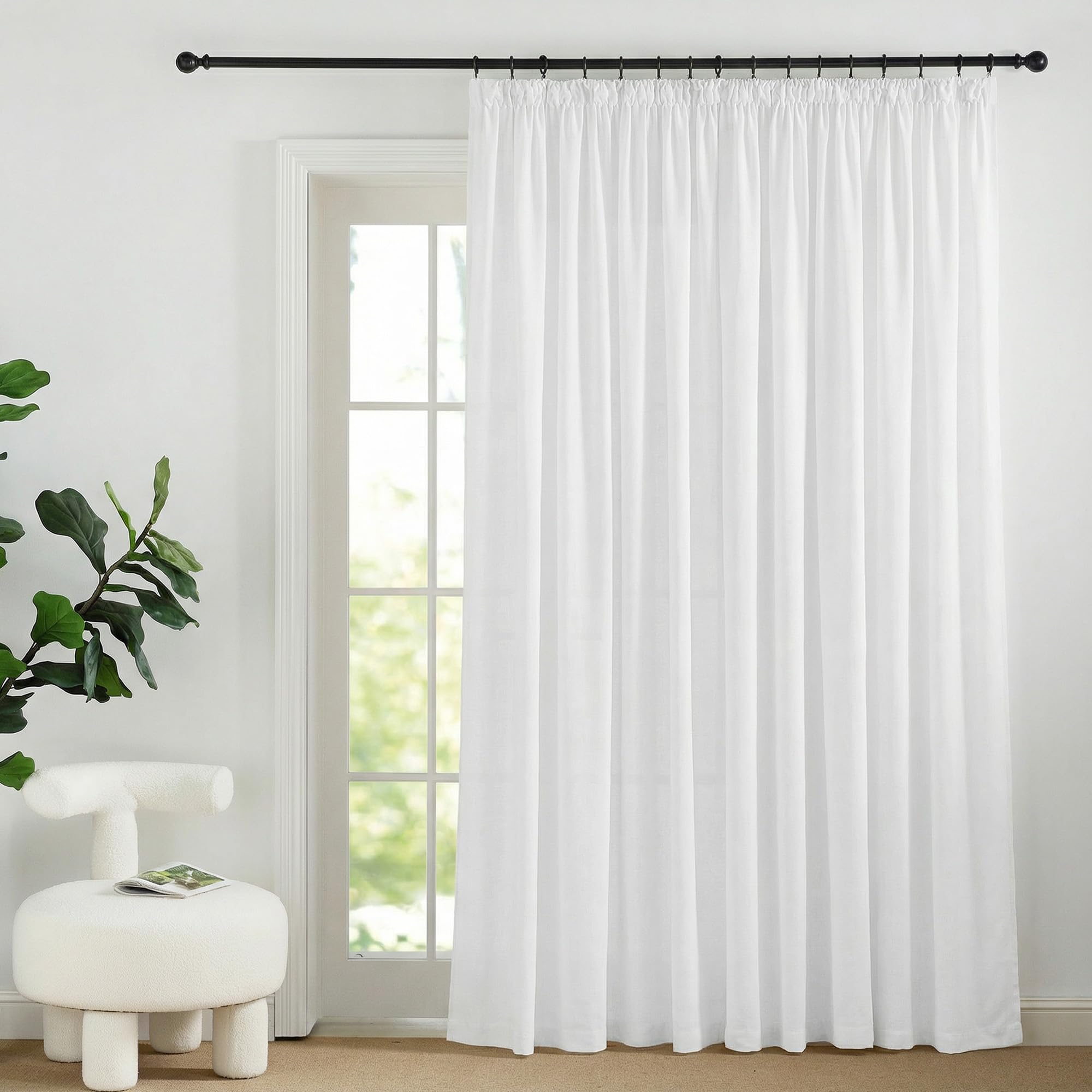 PONY DANCE Rideau Voilage Epais - Rideaux Lin Naturel Galon Fronceur | L 300cm x H 245cm,Demi-Transparent Protecter la Confidentialité,Decoration Salon Chambre Fenetre,2 Panneaux, Blanc