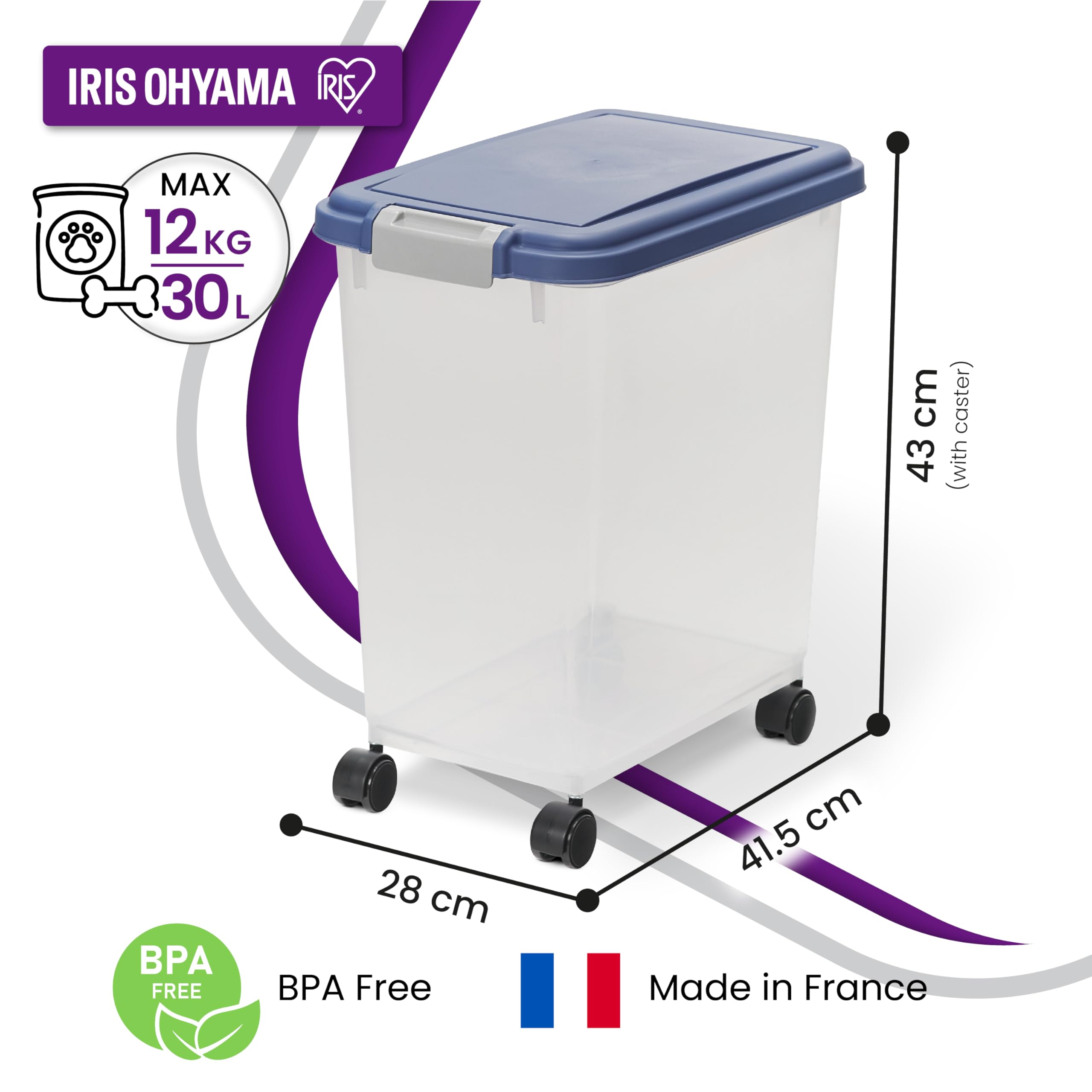 Iris Ohyama Hundefutter Aufbewahrung mit Rollen, 30L/11kg, Graublau, Luftdichte Futterbox, Trockenfutter, Futterbehälter, Für Hunde, Katzen, Tierfutterbehälter, BPA-frei, Futtertonne, MP-8