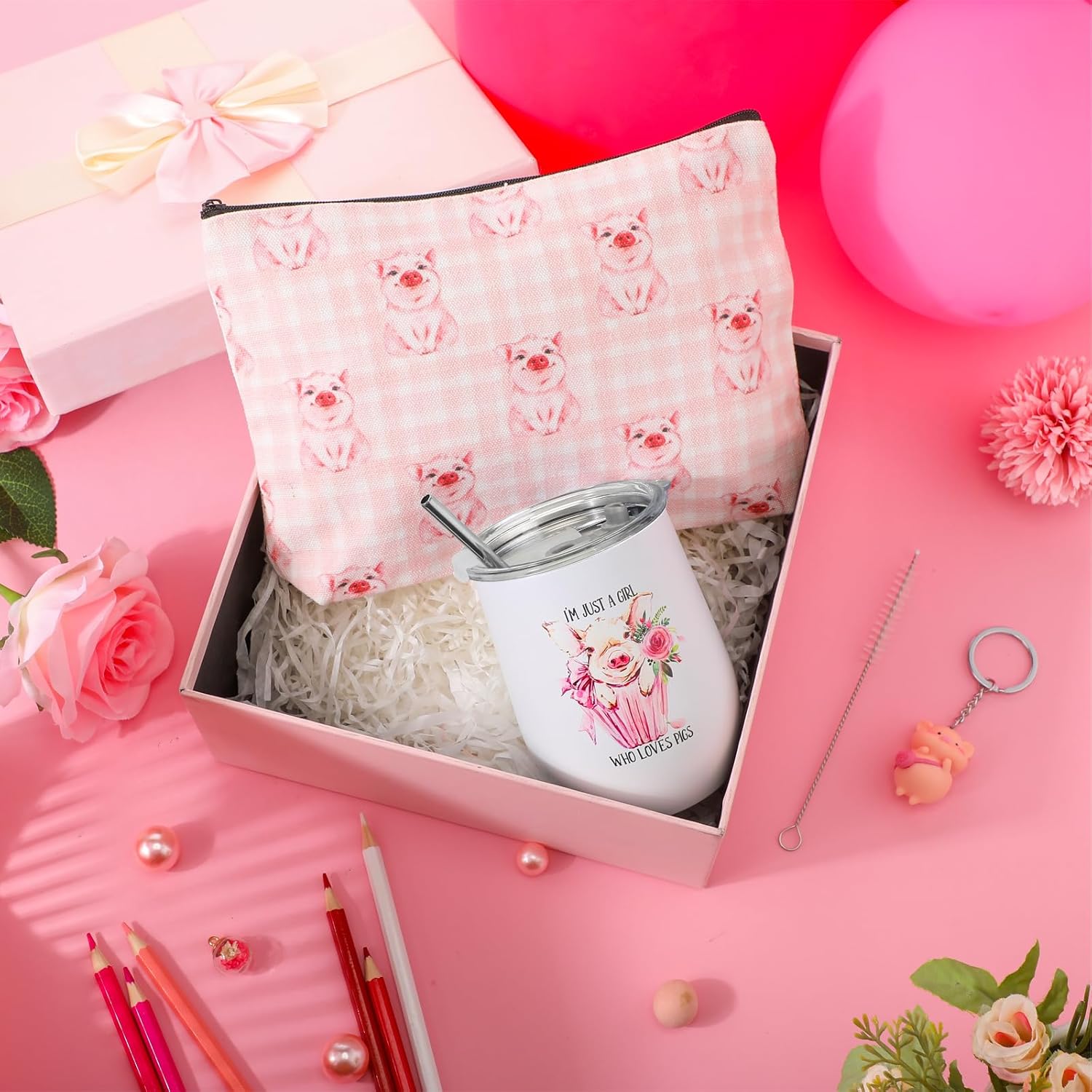 Sieral 3 Pcs Pig Gifts for Pig Lover Women Girls Mom 12 Oz Stainless Steel Wine Tumbler with Lid Cosmetic Bag Keychain for Birthday Themed Animal Lovers - Image 4
