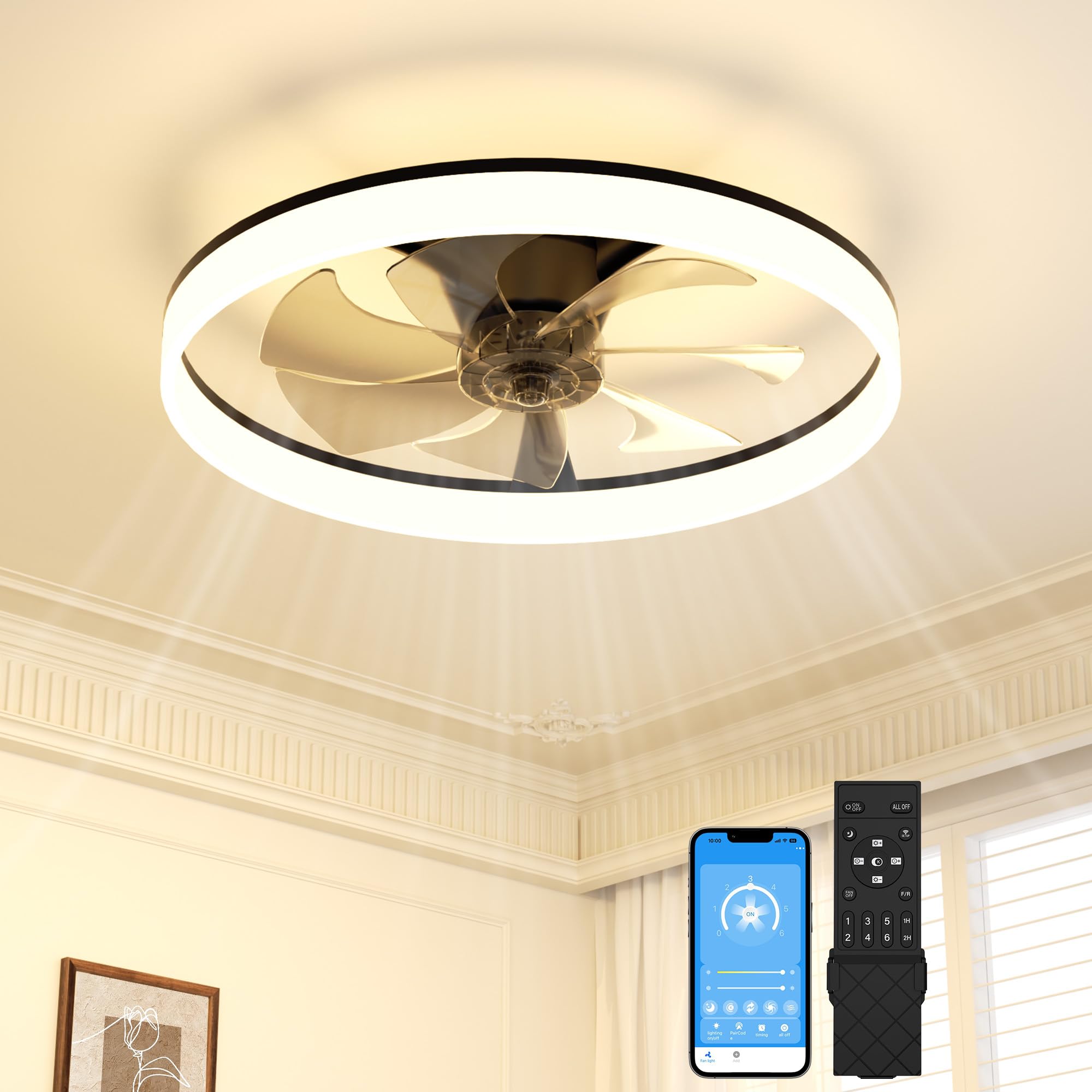 SUNKENET Ceiling Fans with Lights and Remote, 60cm LED Fan Ceiling Light, 3000K-6500K Dimmable Smart Ceiling Fan Light, 6 Wind Speeds & Reversible, Black Modern Fan Light Ceiling for Bedroom