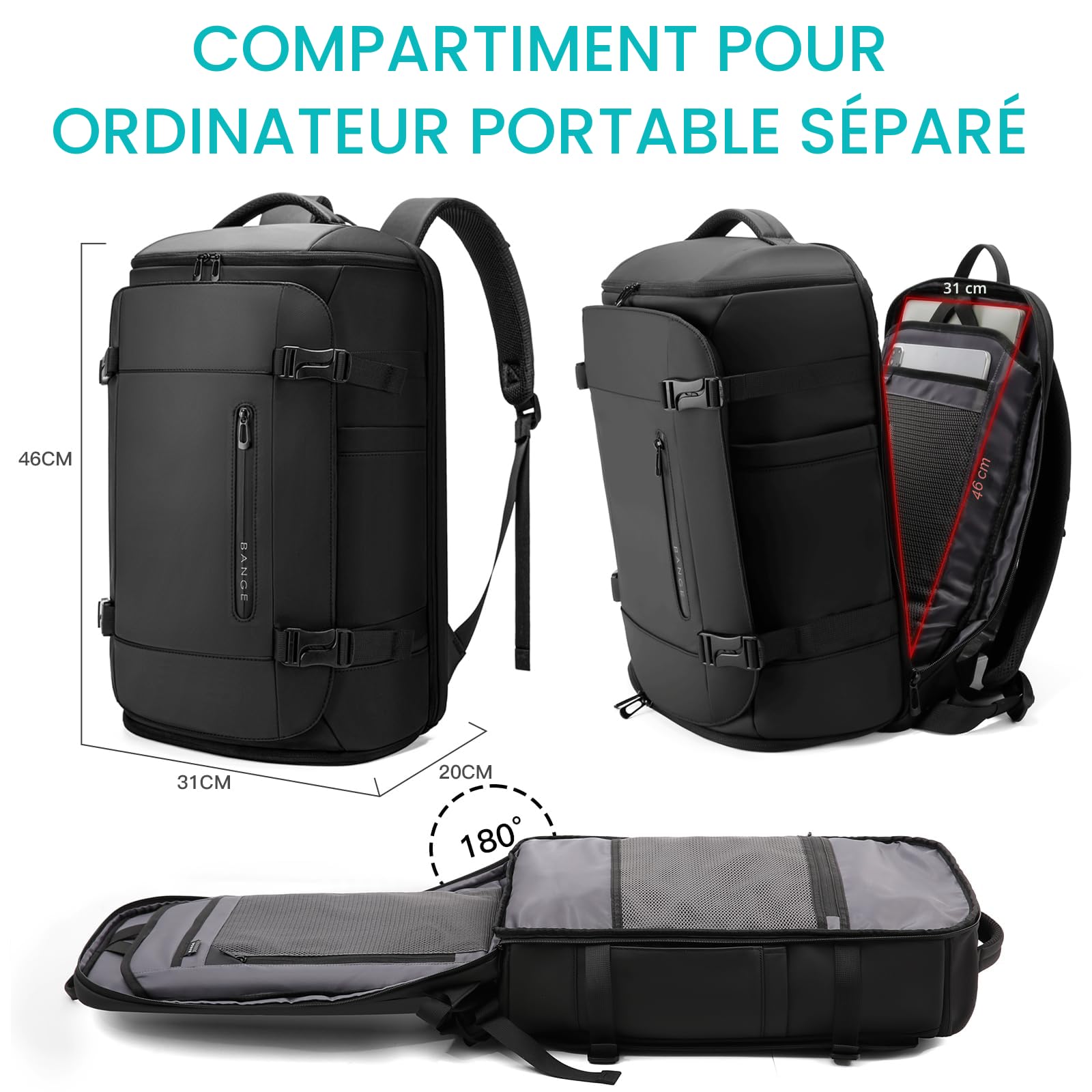 BG FUTURE AESTHETICS Sac à Dos de Voyage 40 L avec Compartiment à Chaussures, Bagage à Main pour Le Week-End, homologué par Les Vols, léger et étanche pour Ordinateur Portable de 15,6 à 17,3", Noir,
