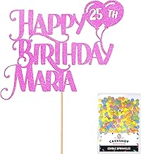 Personalised Happy Birthday Glitter Cake Topper inc Balloons - Lt Pink Any Name & Age Glitter Cake Decoration and Sprinkles - Happy Birthday Decorations - Personalised Toppers for Cakes by Cakeshop