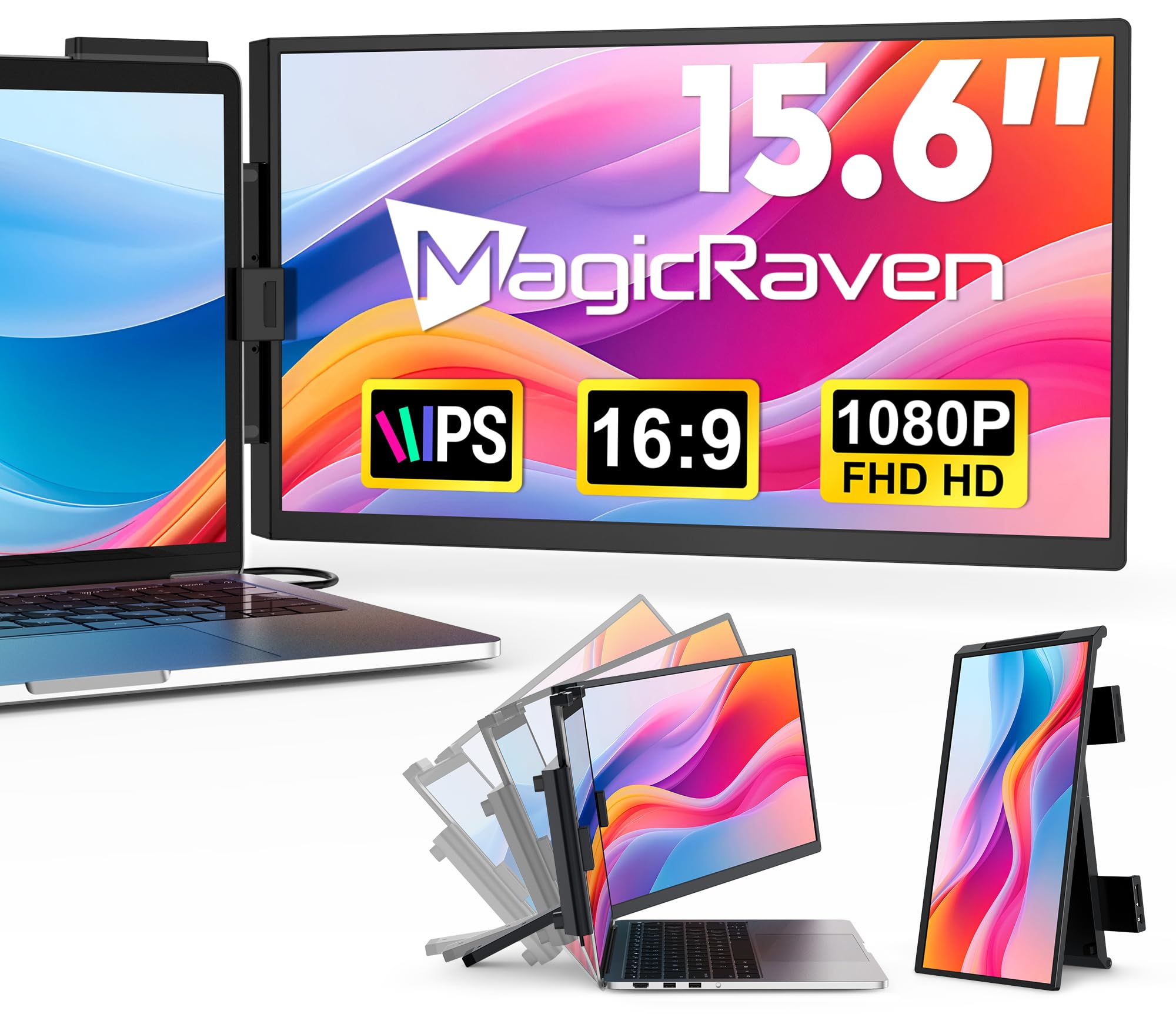 MAGICRAVEN Monitor portatile per laptop-15.6" FHD-Secondo Schermo PC Portatile 1080P IPS Estensione Schermo HDMI/USB-C/A -doppio schermo aggiuntivo for 14"-16" Laptop Windows Mac