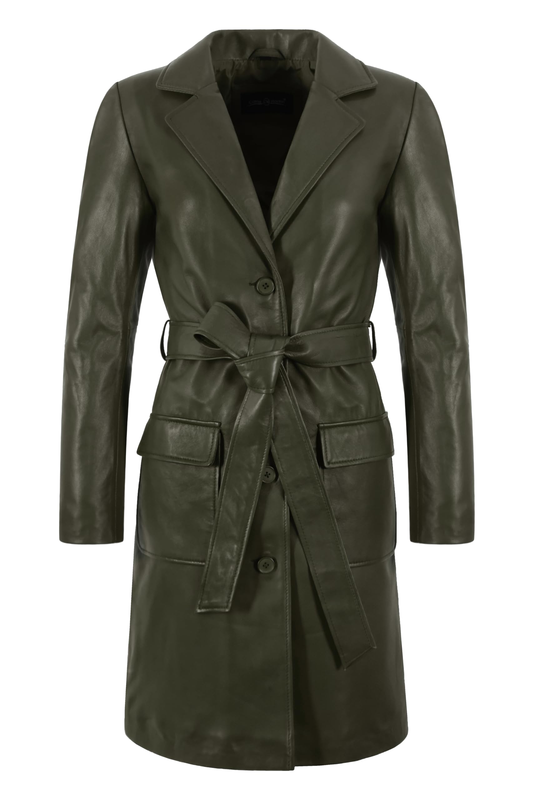 Womens Real Leather Trench Coat With Tie Belt Lapel Collar Long Coat Jacket 4133
