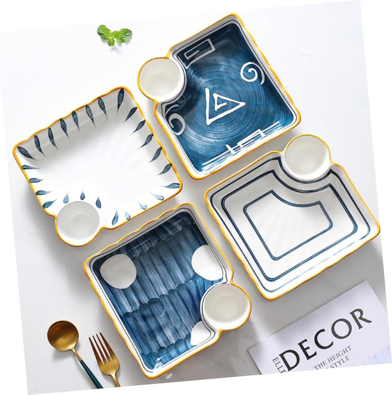 PRETYZOOM Ceramic Divider Sushi Plate and Dumpling Tray Set, 4pcs Colorful Square Serving Plates for Japanese Cuisine, Reusable Snack and Salad Dishware for Home Kitchen Random Color