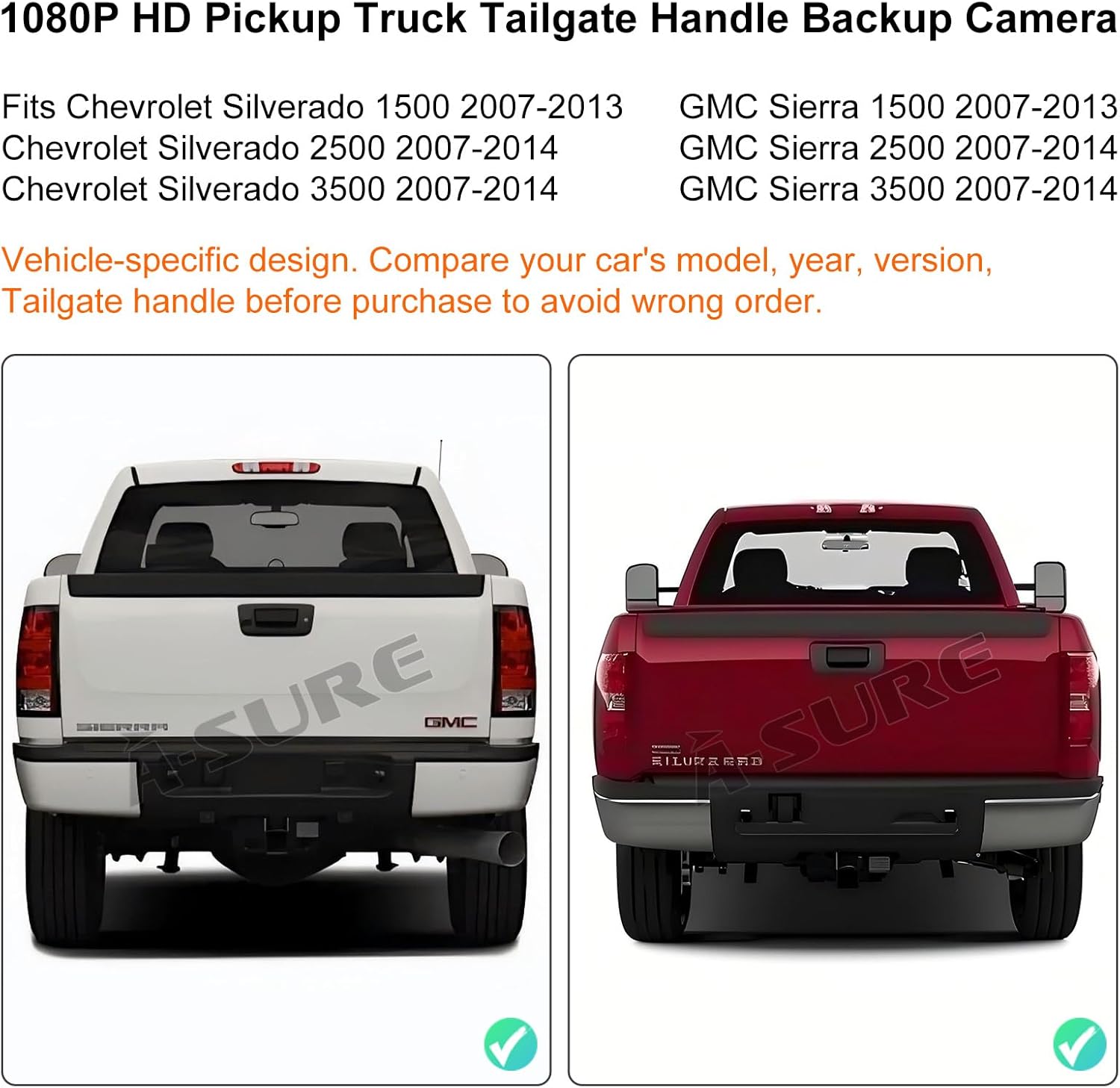 ASURE Backup Camera Tailgate Handle for Truck 2007-2013 Chevrolet Silverado GMC Sierra 1500 2500 3500 – 1080P HD Reverse Camera 170° Wide Angle Waterproof Rear View Camera, Easy Install No Drilling