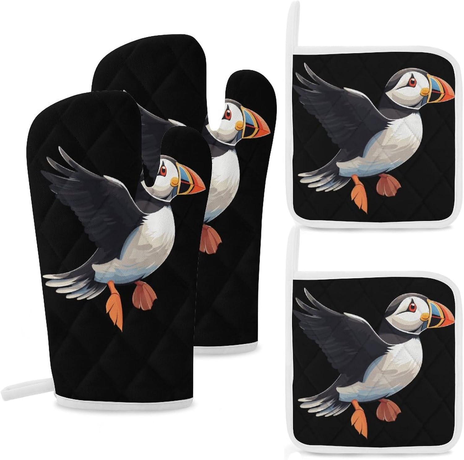 Puffines Birds 4 Pcs Oven Mitts and Pot Holders Set High Heat Resistant Long Kitchen Oven Glove Potholders