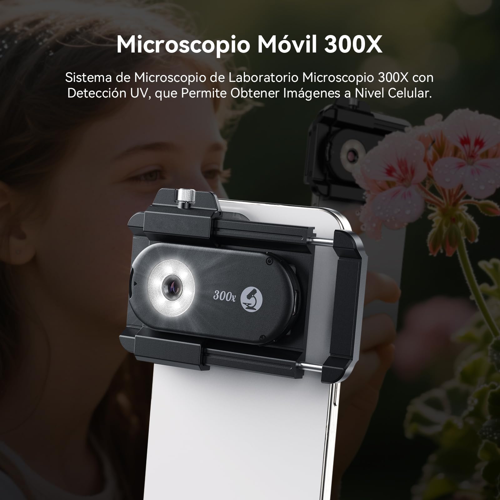Evil Eye Microscopio 300X para Smartphone, Minimicroscopio Compacto con CPL, 18 Luces LED, 19 Modos de Iluminación & UV Luz, Microscopio Digital con Clip Universal, Ideal para iPhone/Android