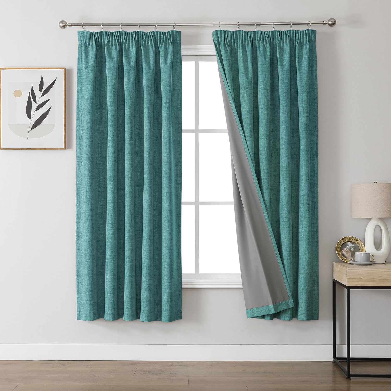 Joydeco 100% Blackout Curtains Bedroom 52 x 63 Inch Drop, Faux Linen Pencil Pleat Thermal Insulated Drapes with Coating Back Layers for Room Darkening Privacy Protection, 2 Panels, Hunter Green