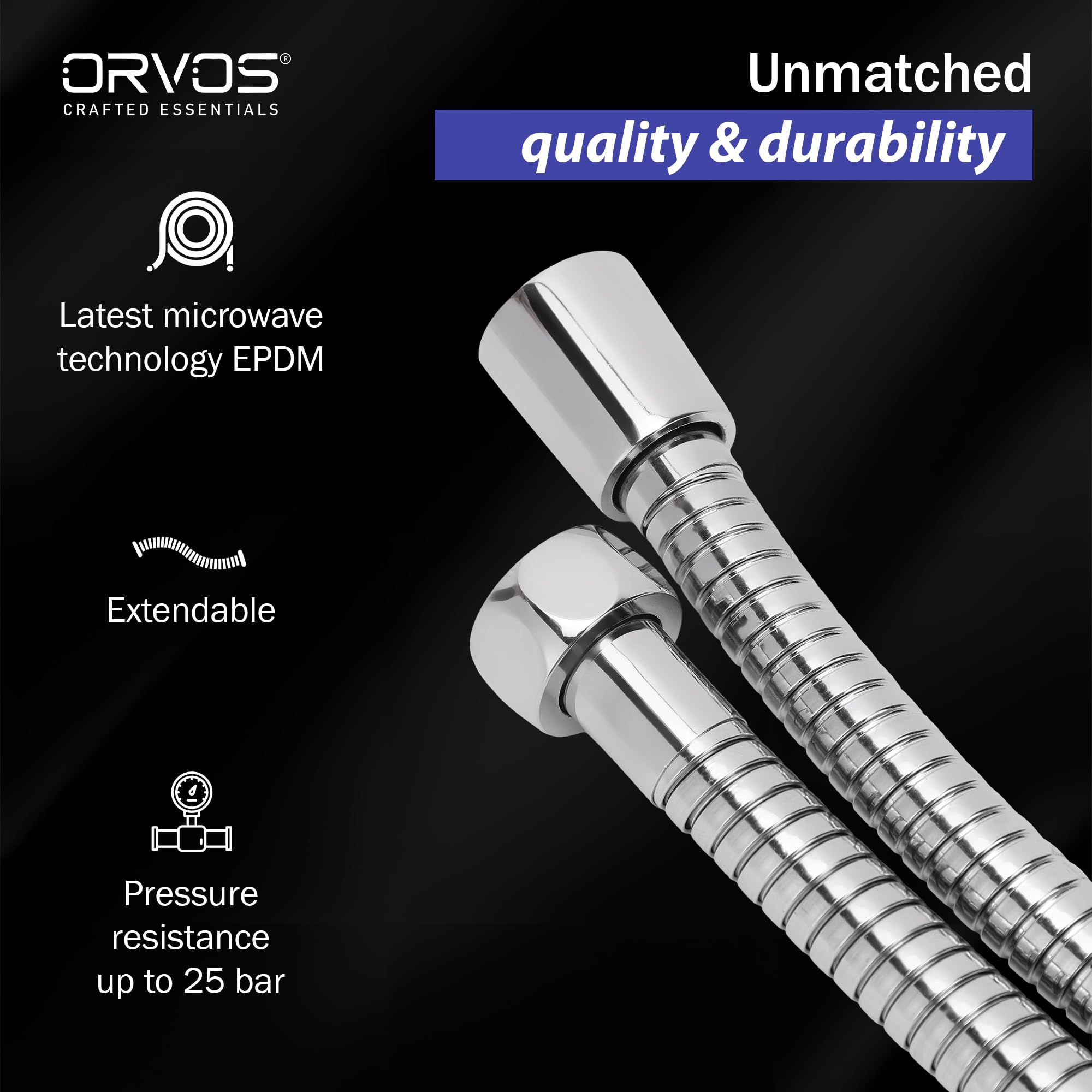Orvos Shower hose extendable, Premium 304 Stainless Steel outer hose, with EPDM inner tube, 1.5 to 1.8 meter, for hand showers and health faucets in high end luxury bathrooms 1