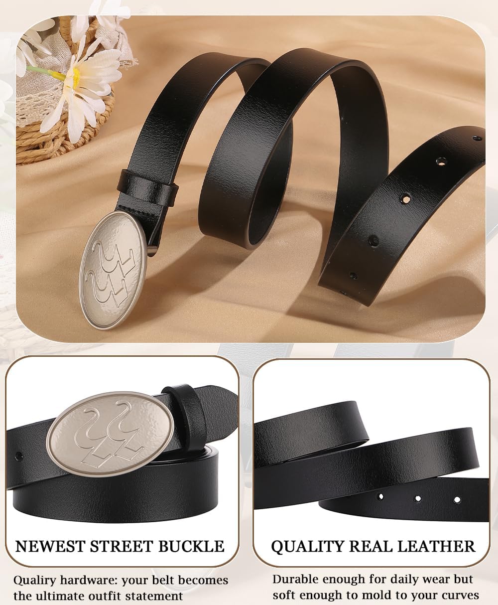 ALAIX Women's Black Leather Belt with Silver/Gold Buckle Western Jeans Y2K Punk Pants Belt Black and Silver Belts for Women - Image 5