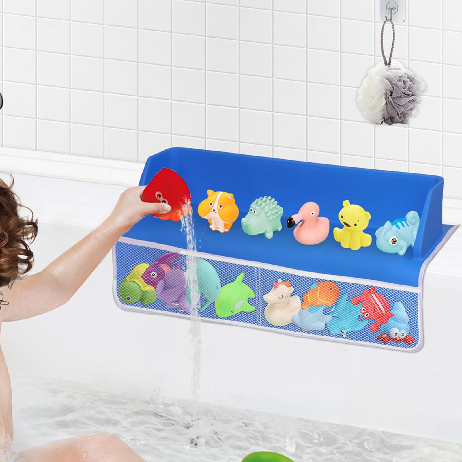 Paraspruzzi per vasca da bagno, in silicone, per bambini, con | organizer per giocattoli da bagno, design antiscivolo resistente, per uso in bagno e vasca da bagno per bambini