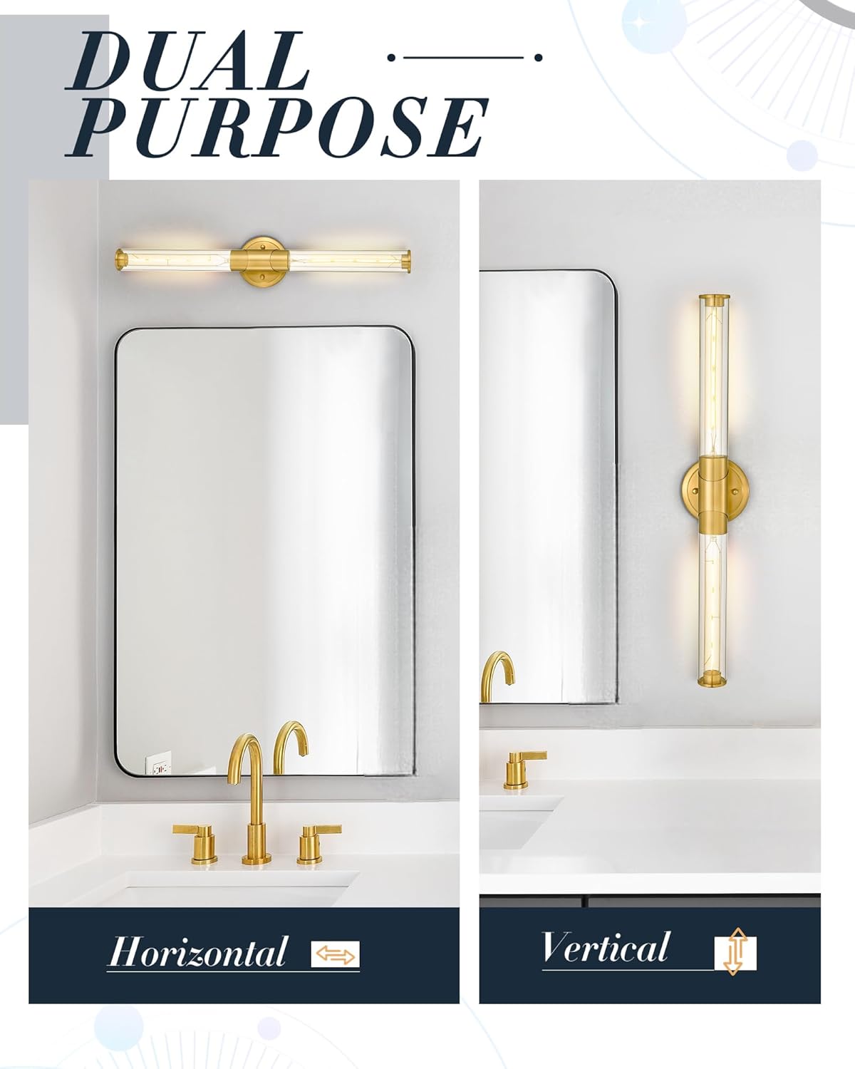 Gold Sconces Wall Lighting, HWH 2-Light Bathroom Light Fixtures Over Mirror with Clear Glass, 27'' Vanity Light Bar Wall Mounted Vertical and Horizontal, Brushed Gold, 5HZG105B BG