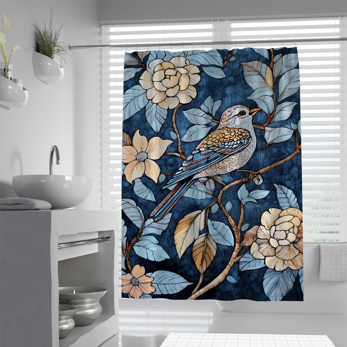 OLLIAR Home Blue Floral Shower Curtain 150x180 Boho Vintage Navy Flowers Aesthetic Bathroom Curtains Decor Bird Farmhouse Elegant Shower Curtain Set with Hooks