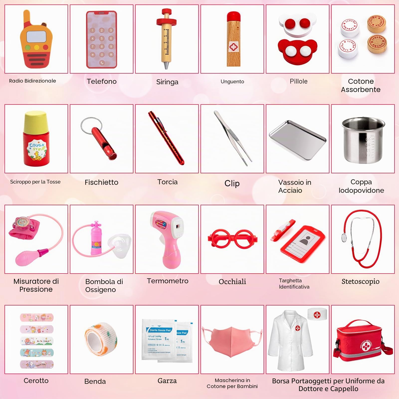 EFO SHM 34 Pezzi Kit Medico per Bambini con Vero Stetoscopio e Camice - Valigetta Dottore Portatile, Gioco di Ruolo Interattivo, Idea Regalo 3 4 5 6 Anni