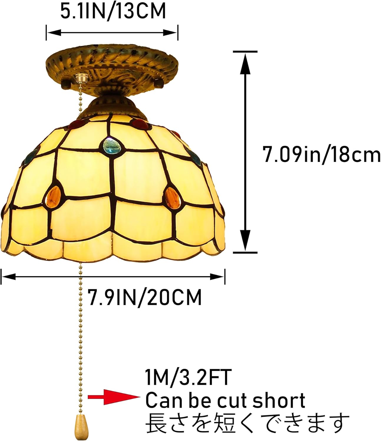 RV Water Drop Light with Zipper Switch 12V RV Hallway Light Fixtures, E26 E27 Yellow Tiffany Stained Glass Semi Flush Mount Interior Lighting Decorative Ceiling for RV Camper
