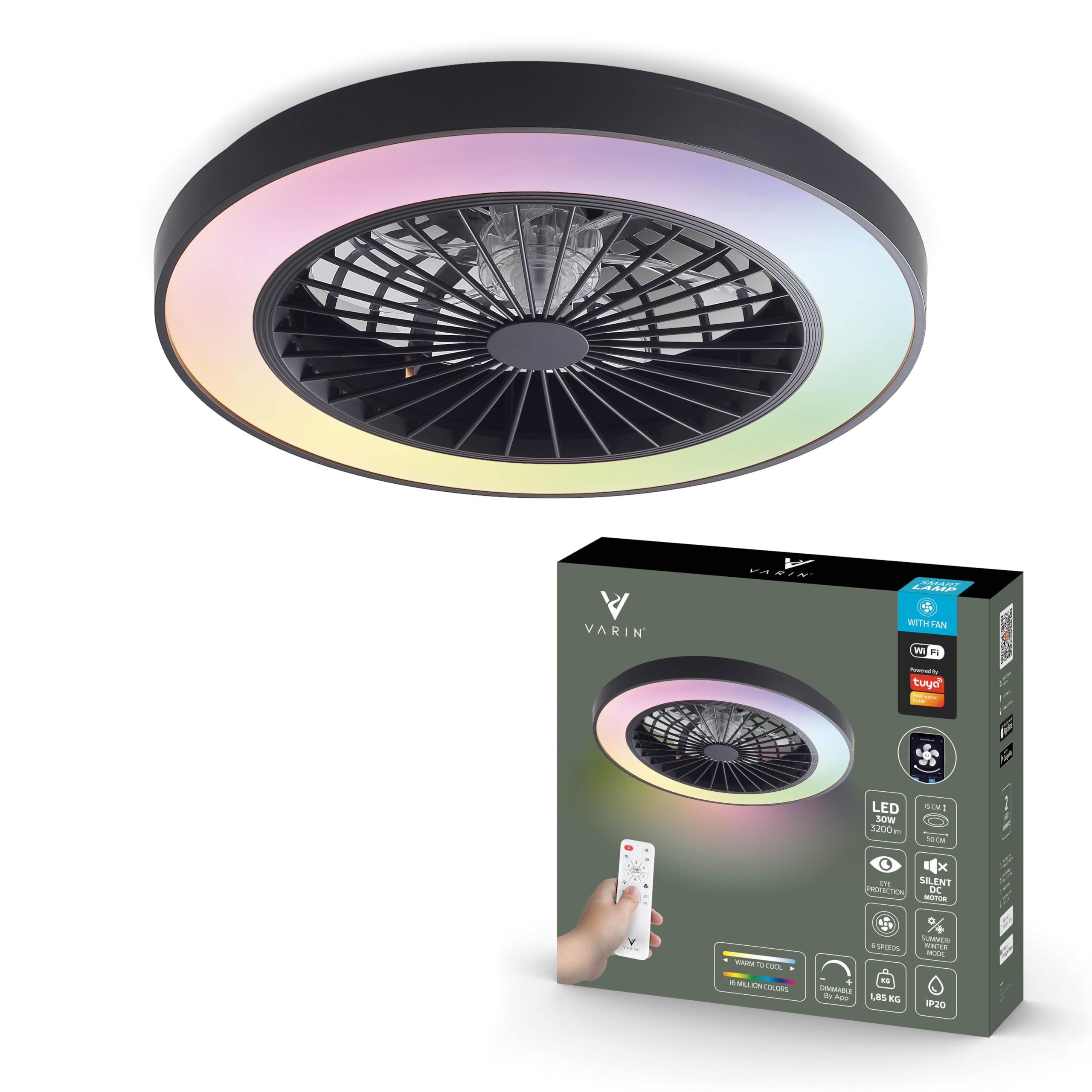 Varin® Smart Deckenventilator mit Beleuchtung, Ø 50 cm - Schwarz/Schwarz | Deckenlampe mit Ventilator Schlafzimmer, Tuya WLAN, LED 30W RGBW, Ventilator Leise , Fernbedienung, 3000K bis 6000K
