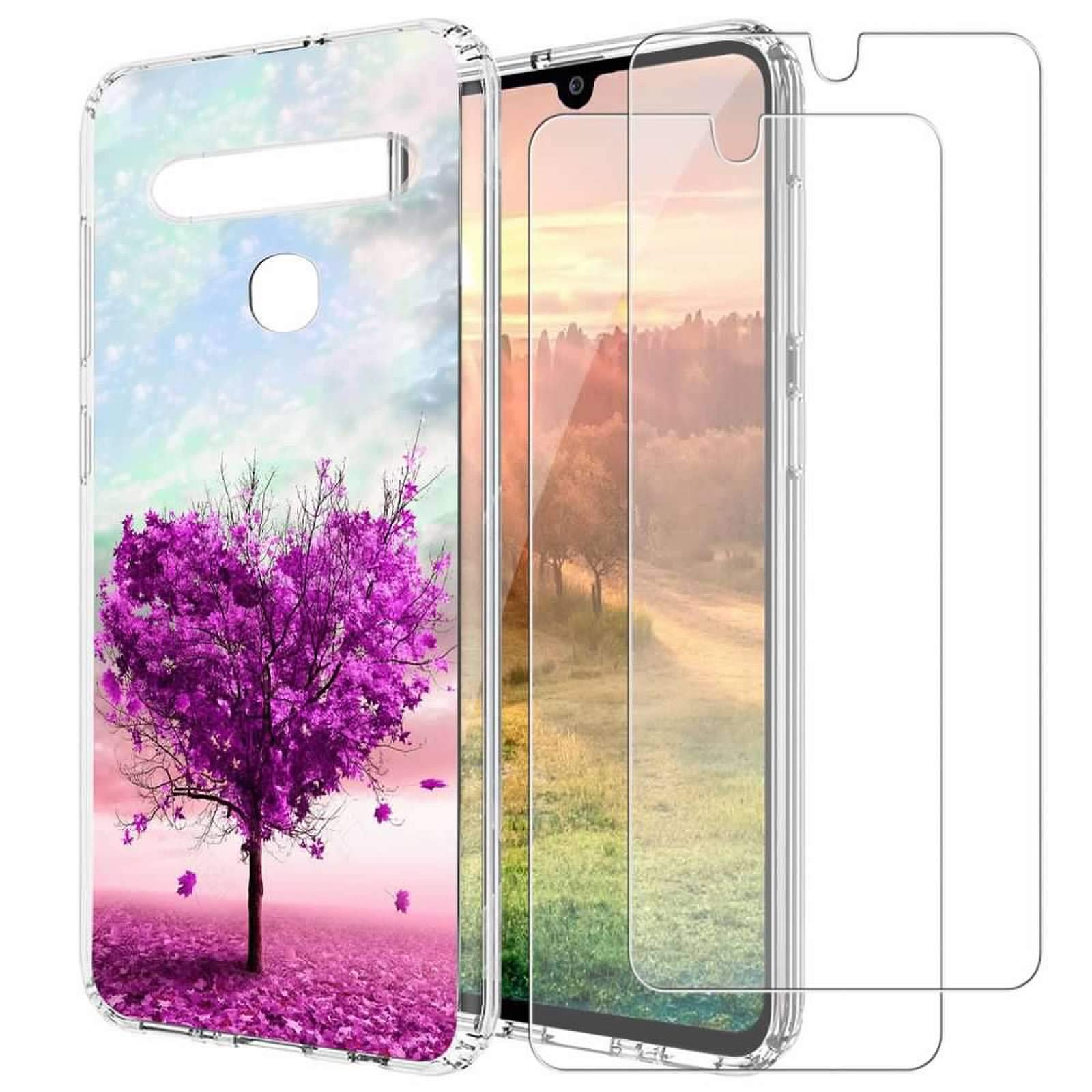 (3 in 1) for LG K51 / LG Q51 Case + (2 Pack) Glass Screen Protector Slim Clear Soft TPU Silicone Phone Case Cover with (Love Tree) Transparent for LG K51 / LG Q51
