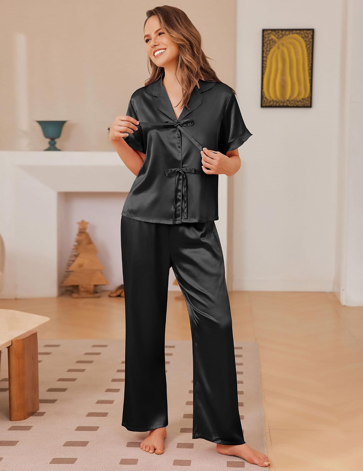 Ekouaer Womens Satin Pajama Sets Silky Tie Front Ruffle Pjs Sets Sleepwear image 2