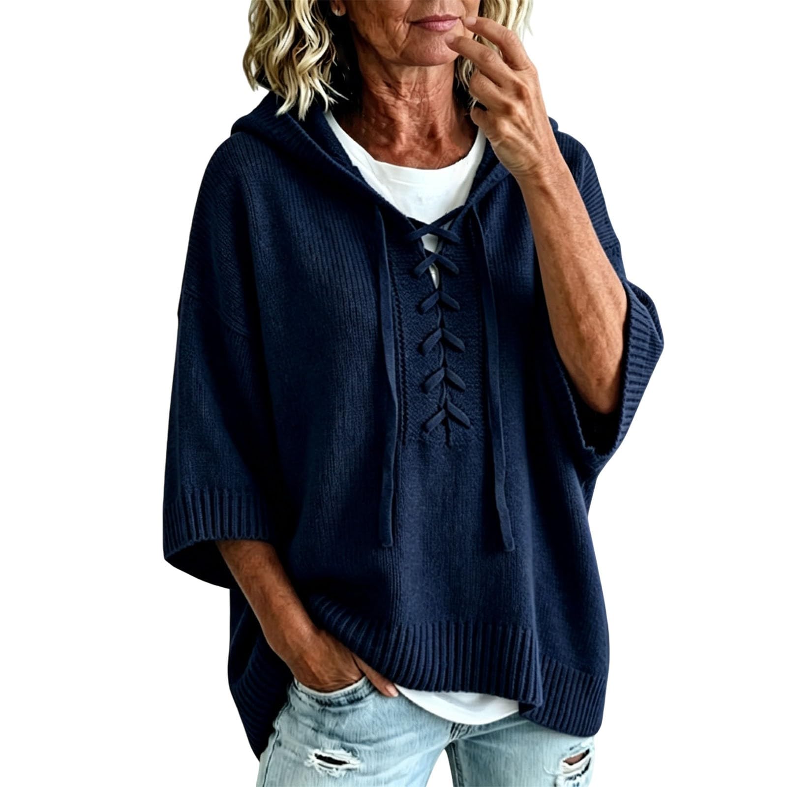 Pull à capuche en tricot à manches courtes pour femme