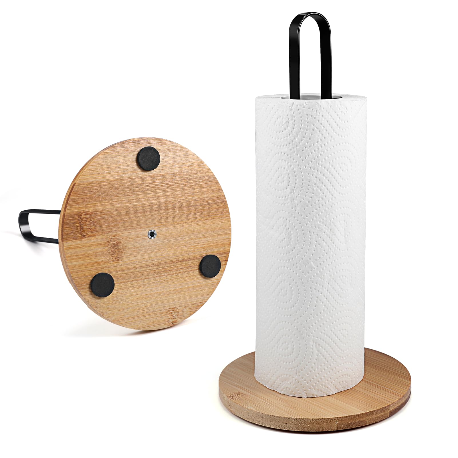 Paper Towel Holder Countertop, Standing Kitchen Roll Holder With Anti-slip Base, Paper Towel Holders for Kitchen Roll Holder, Bamboo & Stainless Steel,Black