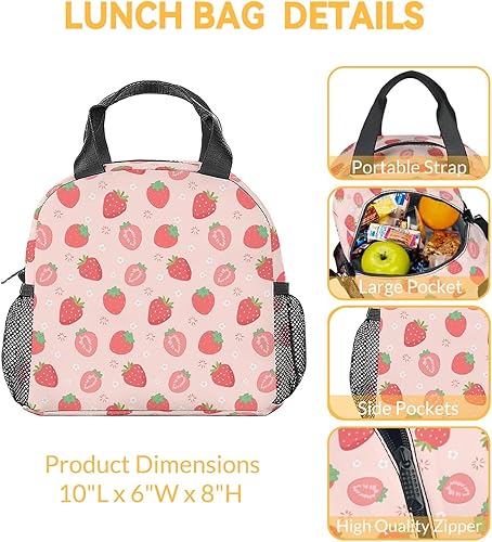 Miniatura 3 de Lonchera de fresa para niños, lonchera aislada para niñas, color rosa, lindas bolsas de almuerzo con bolsillos, bolsa de almuerzo reutilizable