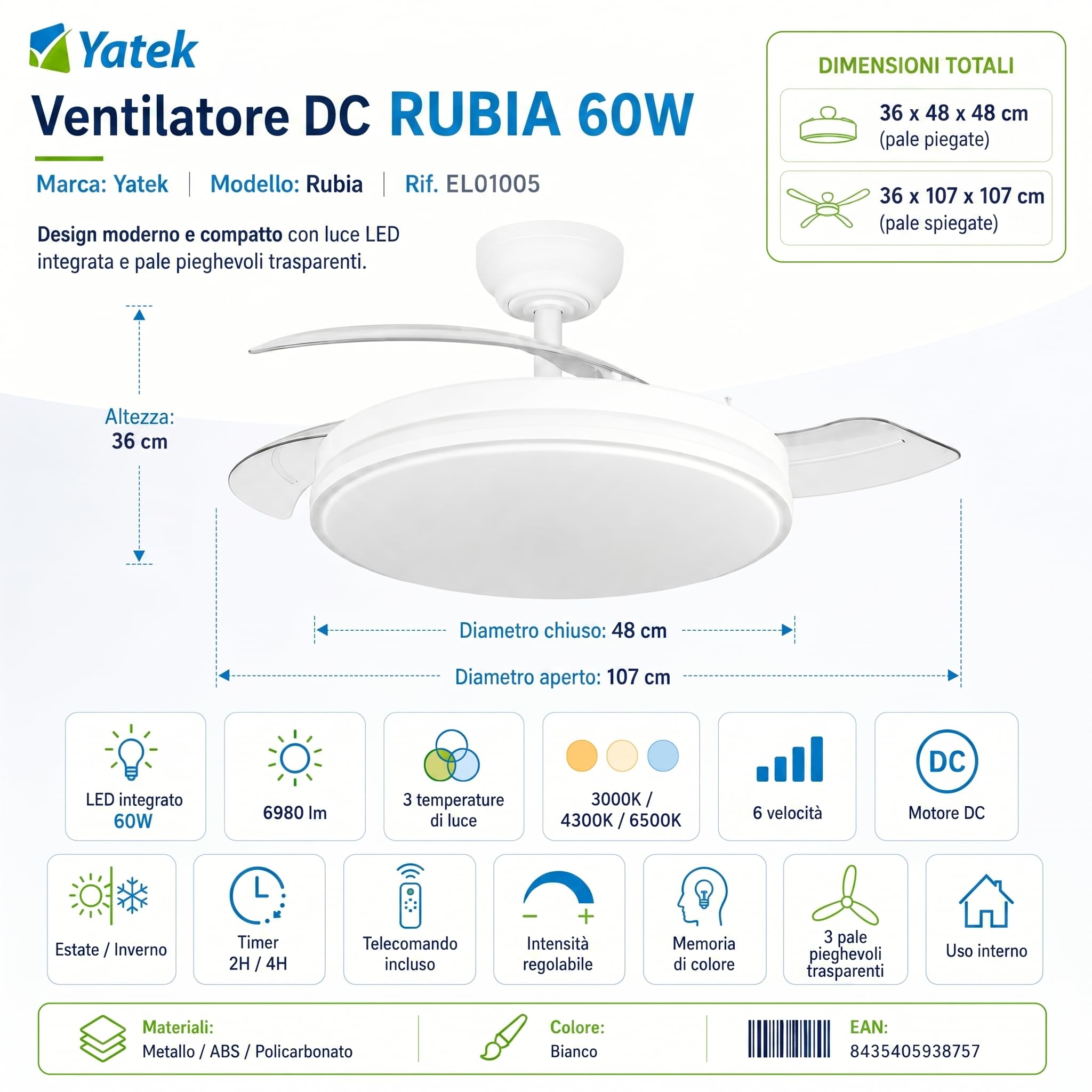 YATEK Rubina Bianco - Ventilatore da soffitto con pale retraibili, motore DC silenzioso, LED 60W 6980 lm regolabile, 6 velocità, telecomando, funzione estate inverno, 107 cm