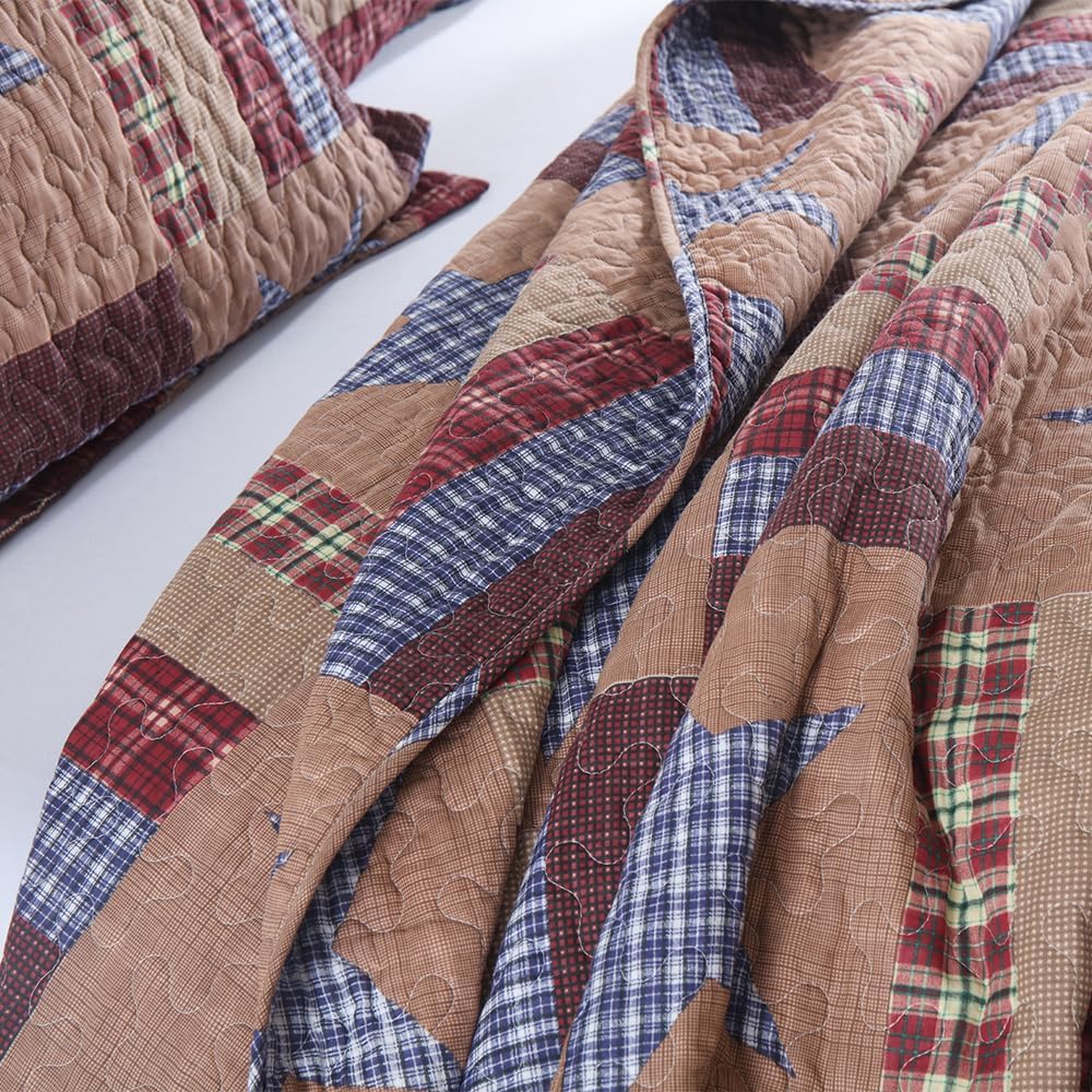 Cotton Bedding Quilt Sets Reversible Patchwork Coverlet Sets All Season Brown Bedspread, Mediterranean Star Pattern, King Size