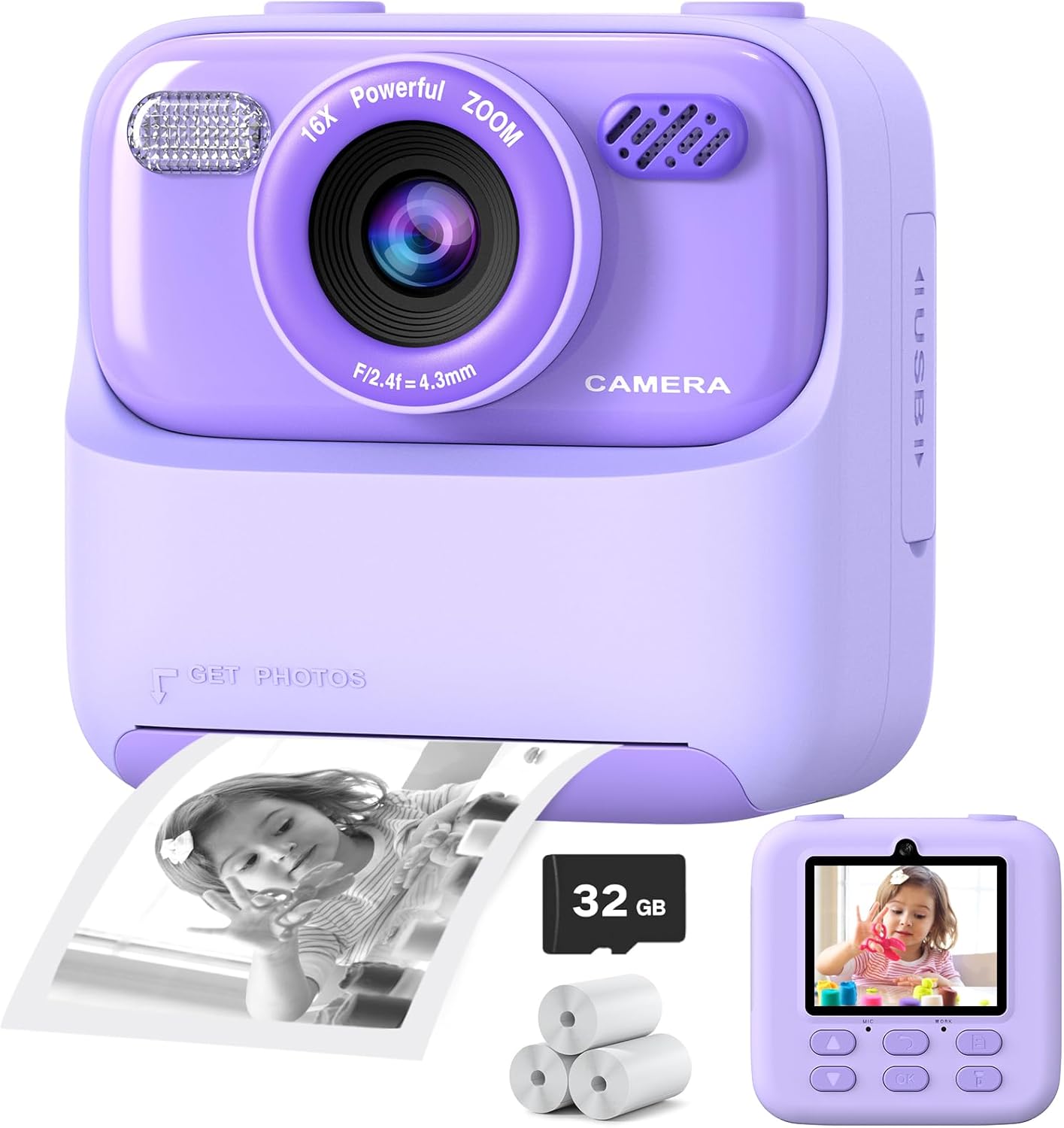 Kids Instant Digital Cameras for Boys and Girls, 1080P HD Dual-Lens Selfie Digital Camera with Print Paper & 32G Card, Christmas Birthday Gifts Toys for Toddler and Teenagers Age 3-16 Years Old Purple