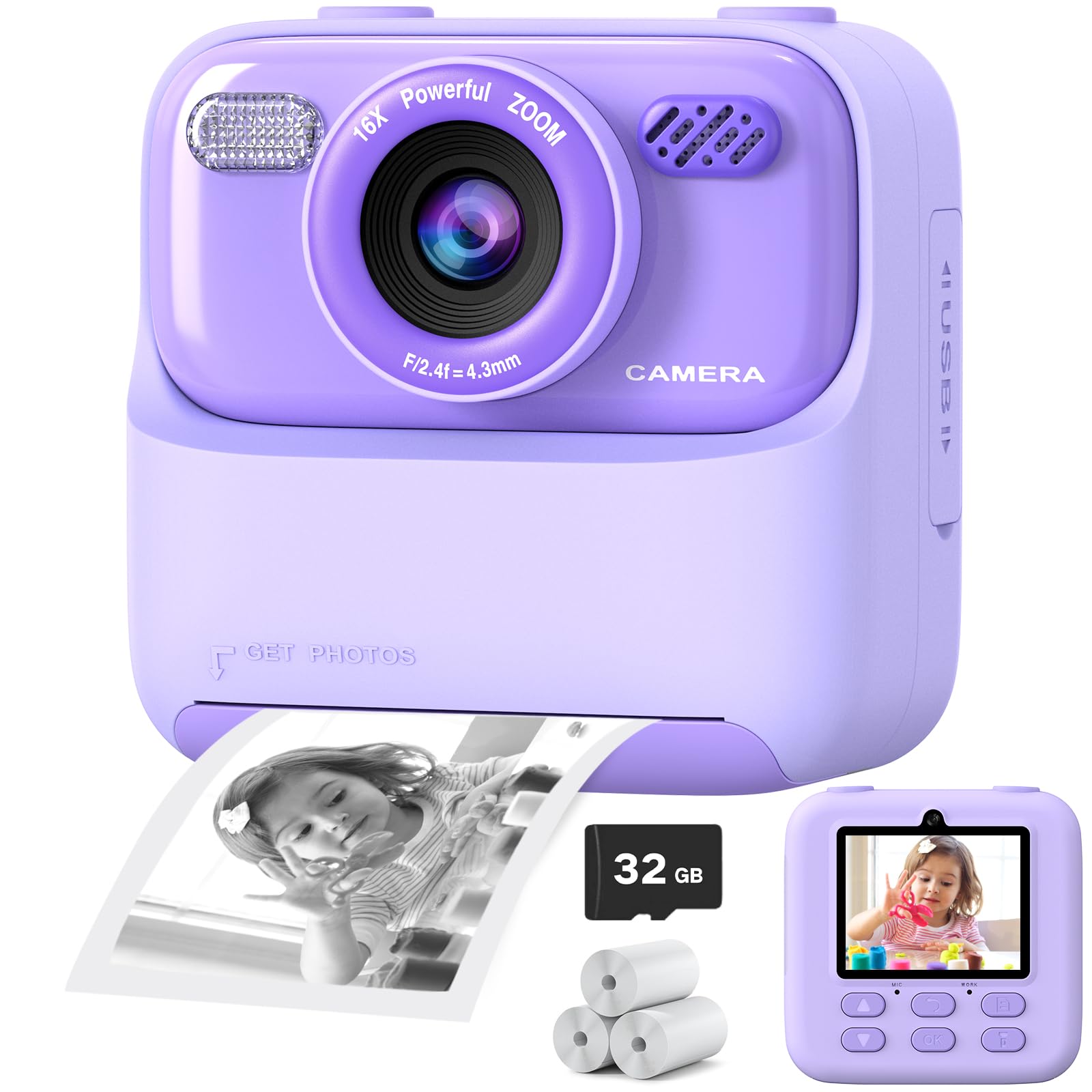 Upgrade Kids Camera Instant Print for Boys and Girls, 1080P HD Dual-Lens Selfie Digital Camera with Print Paper & 32G Card, Christmas Birthday Gifts Toys for Toddler and Teenagers Age 3-16 Years Old