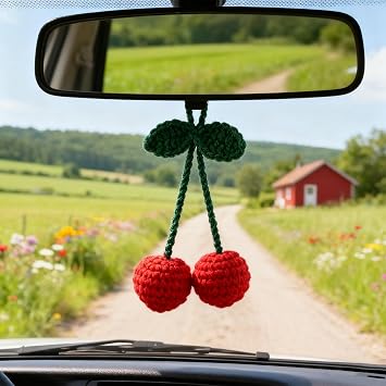 Cute Car Mirror Hanging Accessories,Crochet Hand Knitted Cherry Rear View Mirror Accessories,Car Bag Charms Pendant for Women Men Automotive Interior Decorations
