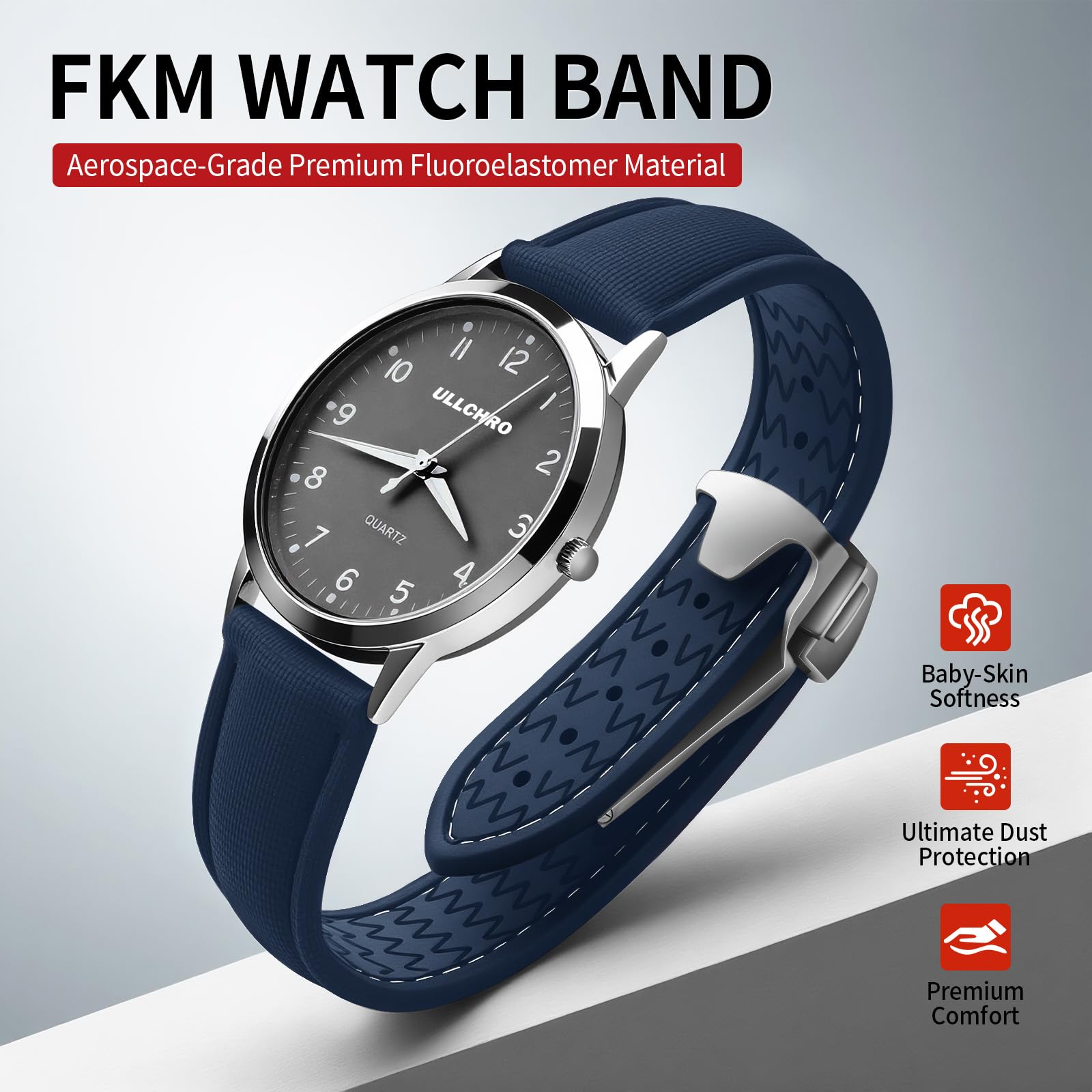 FKM Uhrenarmband für Herren, weiches Gummi, wasserdicht, Schnellverschluss, 20 mm / 22 mm