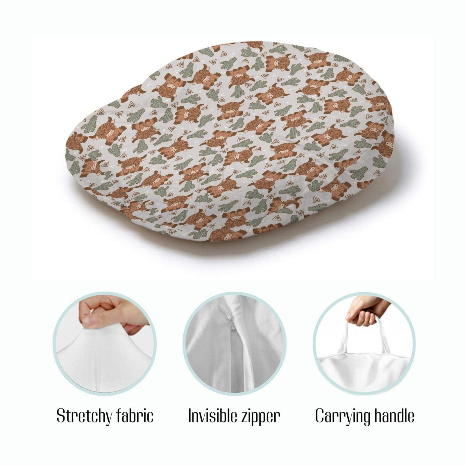 EyMzcod Newborn Lounger Pillow Cover Boho Highland Cow Cactus, Western Cowboy Baby Boy Girl Shower Gift Removable Slipcover, Soft Snug Fit Infant Nursing Pillowcase (Lounger Not Included)
