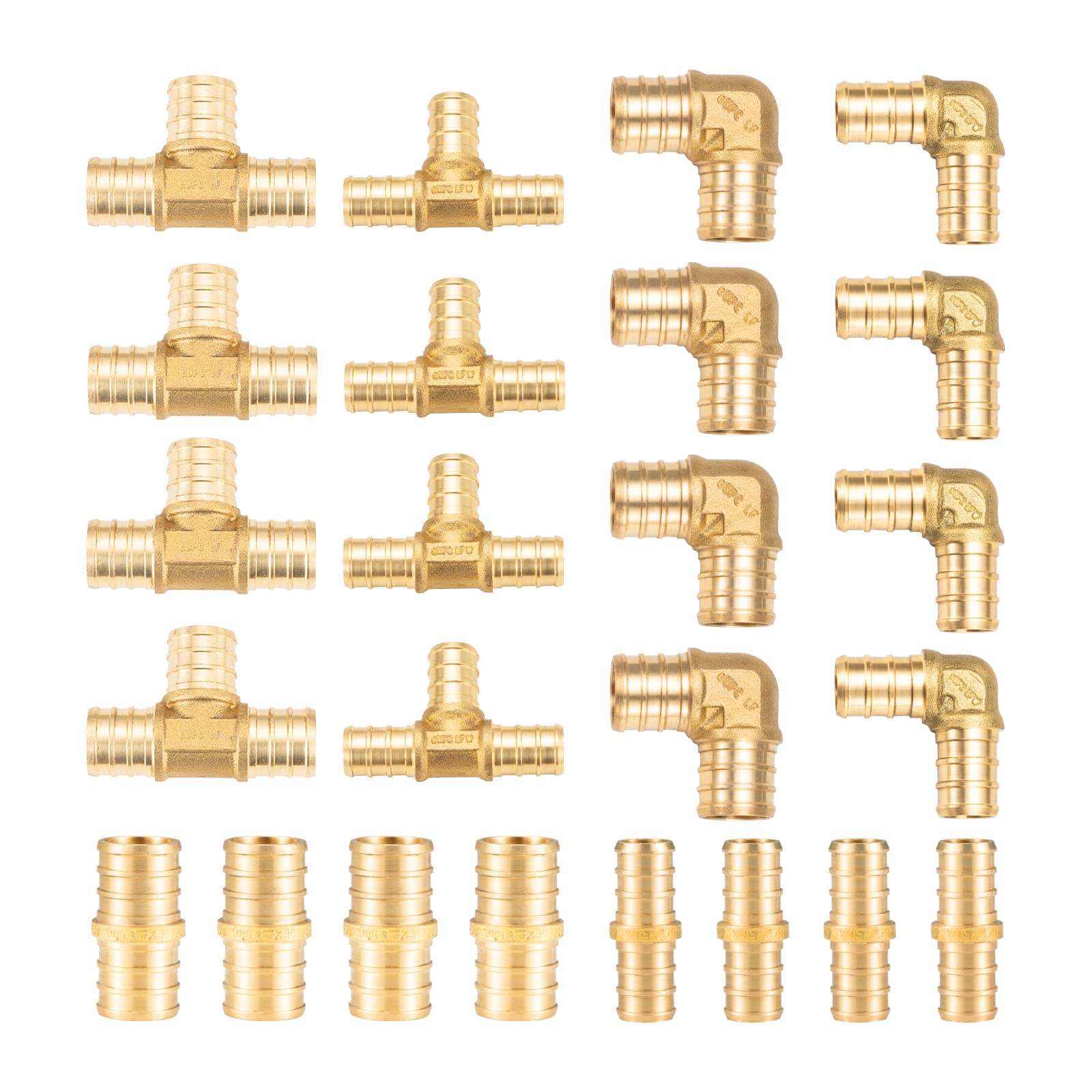 (Paquete de 24 unidades de 6 artículos) Kit de montaje PEX de 1/2 pulgada y 3/4 pulgadas, 4 codos de 1/2 pulgada, camisetas, acoplamientos y codos de 3/4 pulgadas 4 de cada uno, Tees,