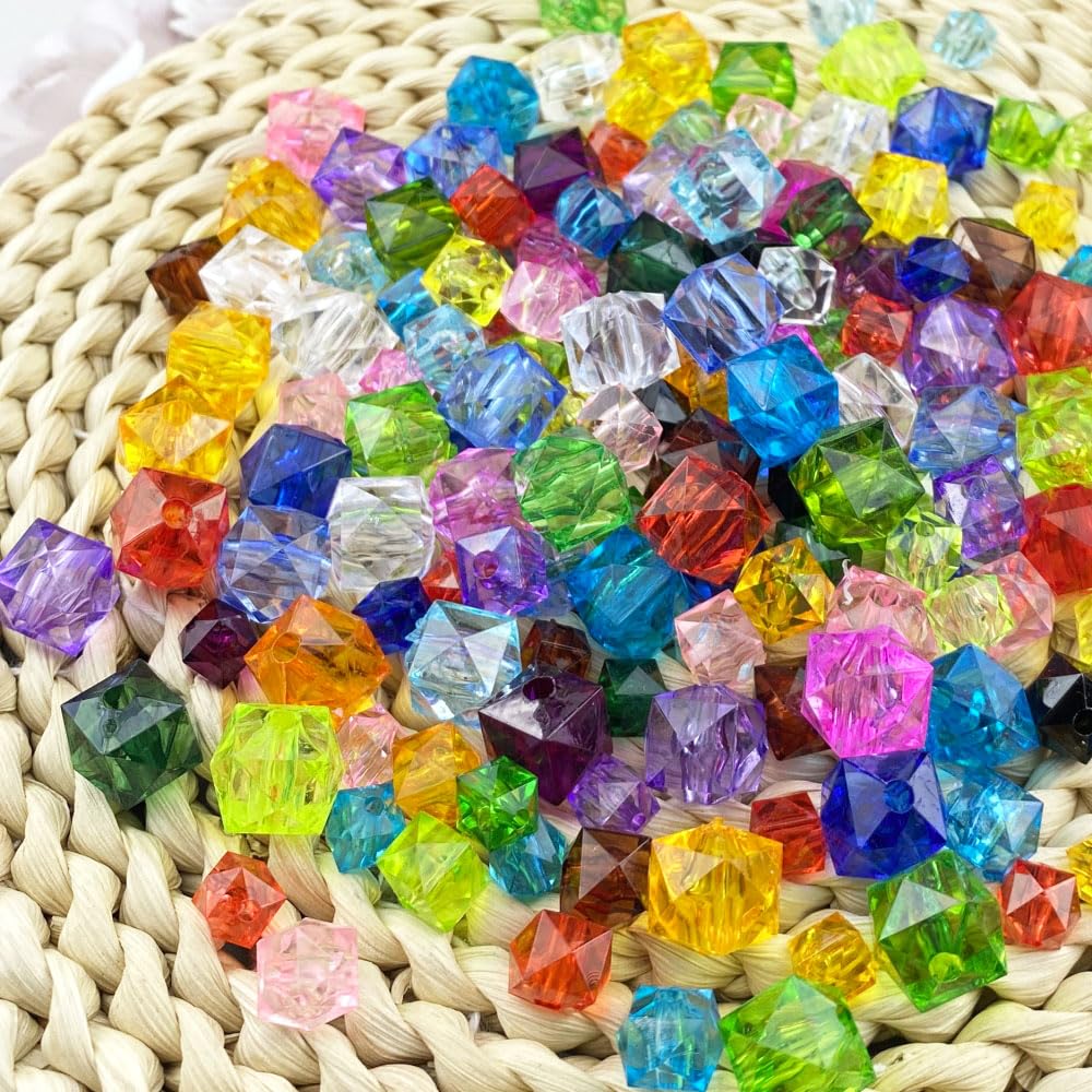 Jmassyang 100 cuentas espaciadoras sueltas de plástico cuadrado colorido de 12 mm con forma de cubo facetado de acrílico para bricolaje, campanillas de viento, atrapasueños, collares, pulseras,