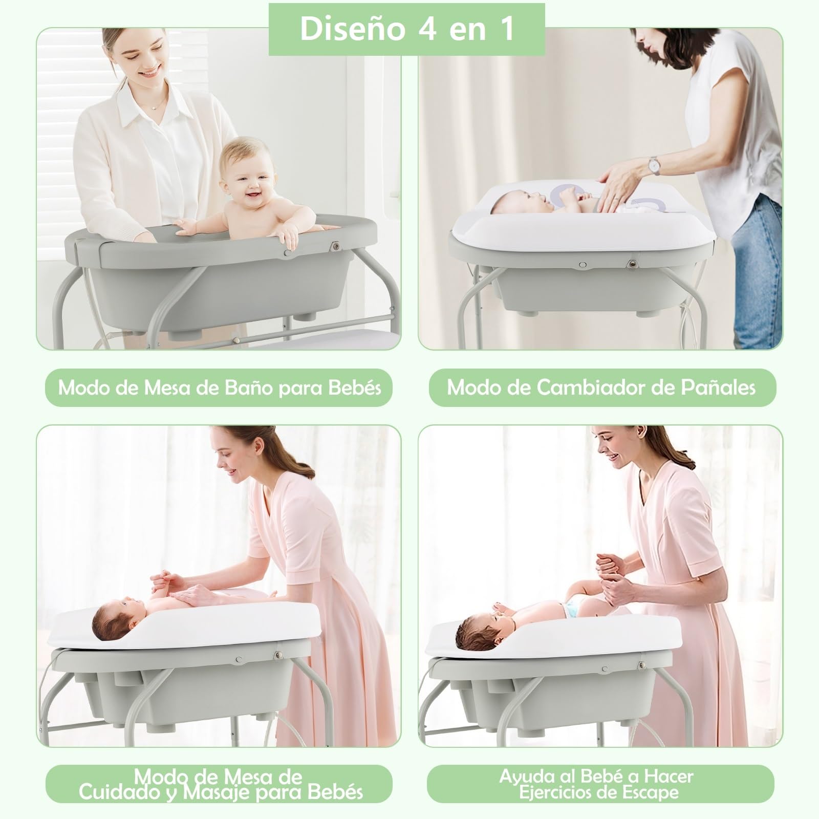 COSTWAY Bañera Bebe con Cambiador 4 en 1, Bañera Cambiador Bebe con Bandeja y 4 Ruedas Bloqueables, Cambiador Bebe Portátil y Plegable con Cesta de Almacenaje, Cojín Impermeable,Carga 35kg(Gris Claro)