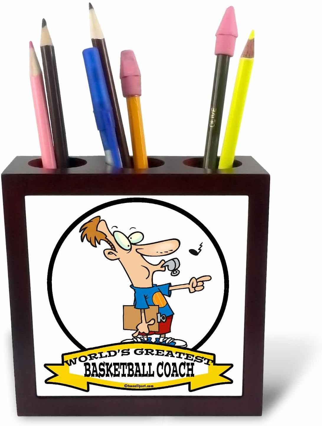 3dRose ph_102963_1 Funny Worlds Greatest Basketball Coach Occupation Job Cartoon-Tile Pen Holder, 5-Inch