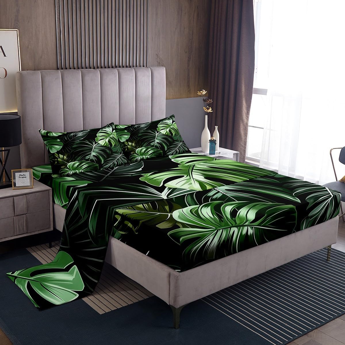 jejeloiu Palm Leaf Bed Sheets Set Twin Size Kids Tropical Leaves House Bedding Set for Boys Girls Summer Botanical Branches Nature Theme Fitted Sheet Room Decor