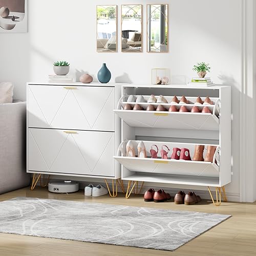 Miniatura 7 de JOZZBY Armario de zapatos para entrada, armario de almacenamiento de zapatos estrecho blanco con 2 cajones abatibles, organizador de zapatos