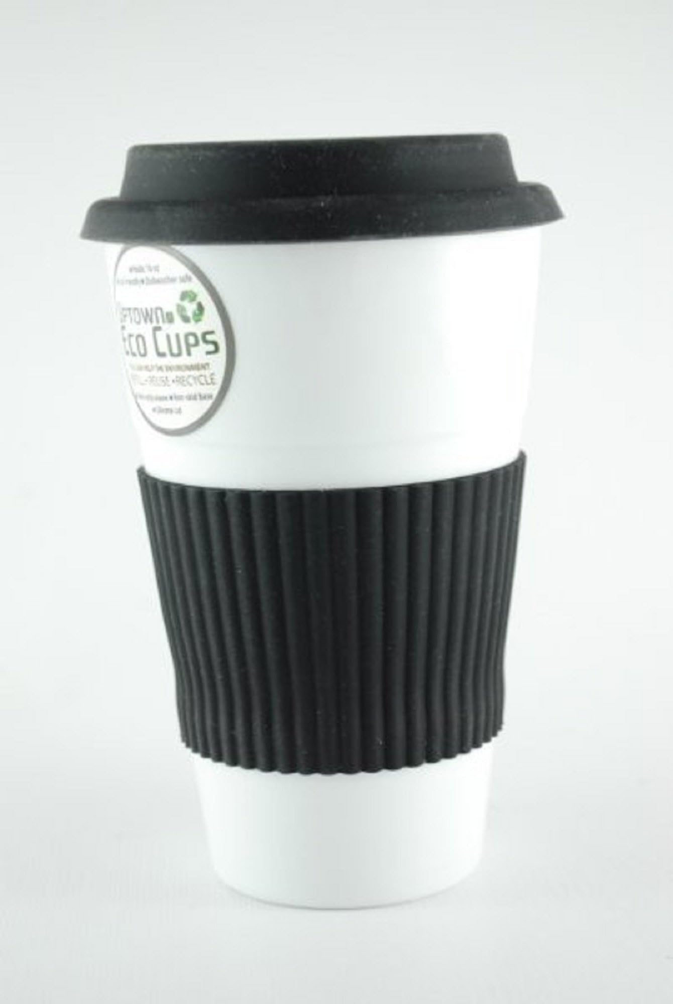Uptown Eco Cups, Eco Friendly Reusable Coffee Cup, With Reusable Rubber Lid, BLACK, Holds 16 Oz