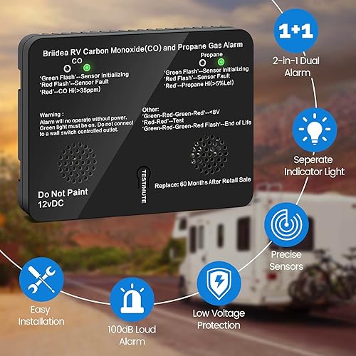 Miniatura 2 de briidea - Alarma de monóxido de carbono y gas propano para RV, detector dual LPCO con luz indicadora LED separada, alarma fuerte de 100 dB, 12 VCC,