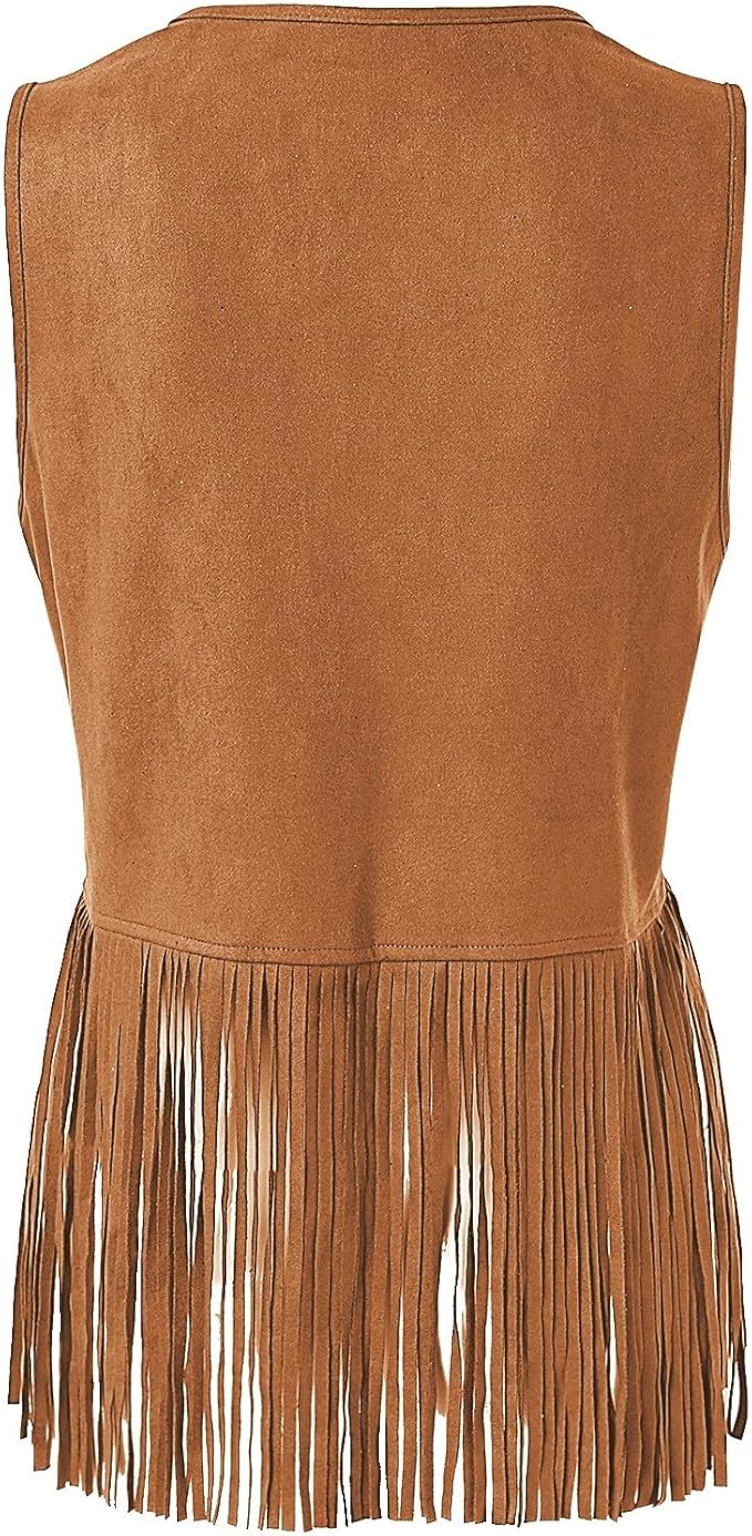 Gyaimxfu Gilet De Cowboy Sans Manches Pour Femme En Daim Synthétique - Veste Cardigan Avec Franges Douce - Gilet De Cowgirl Court à Franges Marron - Gilet à Franges Pour Femme