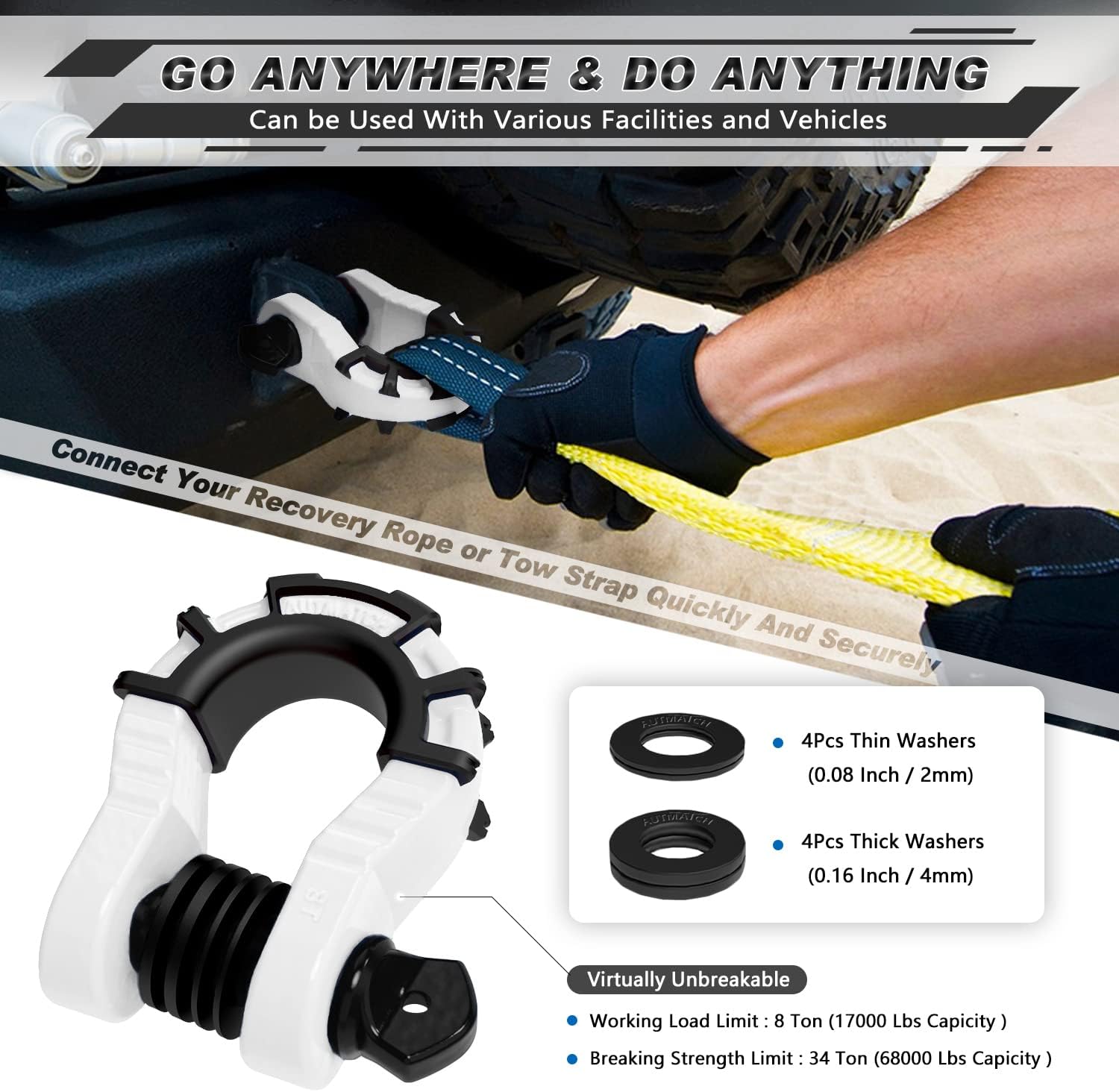 AUTMATCH Mega Shackles 3/4 D Ring Shackle and 2" Shackle Hitch Receiver with 5/8" Trailer Hitch Lock Pin, 68,000 Lbs Break Strength Heavy Duty Receiver Kit for Vehicle, White