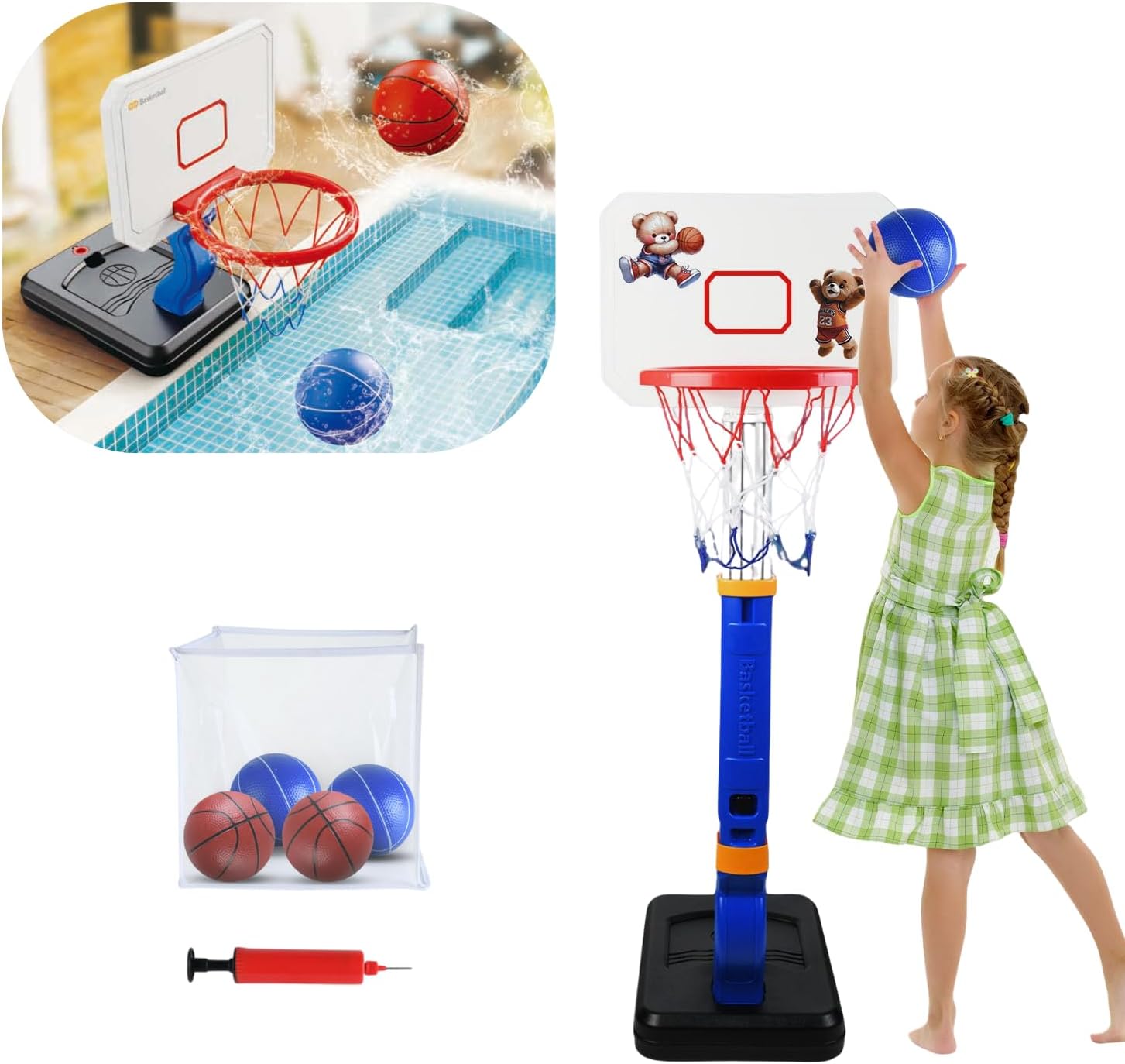 Toddler Basketball Hoop  Adjustable Indoor/Outdoor Pool Basketball Hoop Set for Kids, 4 Balls, Pump, Storage Base, Basketball Goal, Perfect Sport Gift for Boys & Girls, Birthday & Christmas